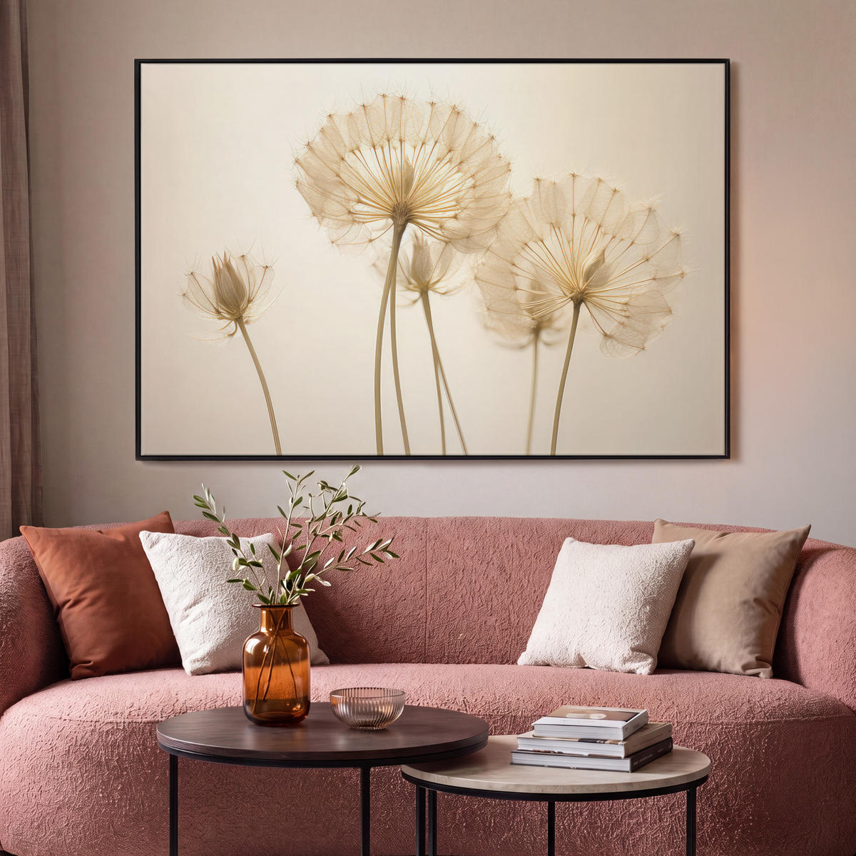 LEINWAND Bilder mit Rahmen - Sonnenlicht - Löwenzahn - Botanisch - Blumen - 140x90 - Creme, Textil (140/90cm) - MuchoWow