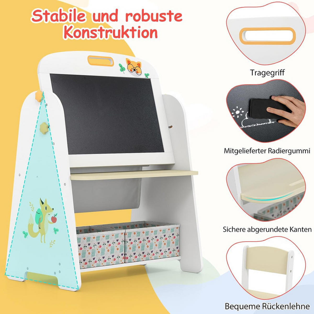KINDERSTAFFELEI-SET mit Stuhl natur(2-tlg) - Naturfarben, Holzwerkstoff (60/80/40cm) - COSTWAY
