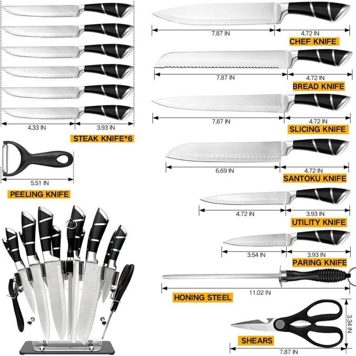 KÜCHENMESSERSET 16-teilig mit Acrylblock - Multicolor, Metall