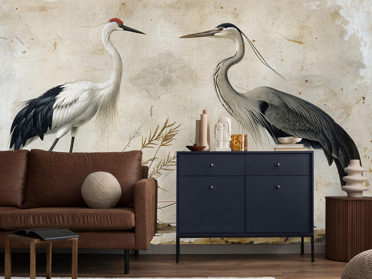 FOTOTAPETE Vögel Vögel Kranich Reiher Retro Stil 250x175 - Beige/Rot, Papier (250/175cm) - Muralo