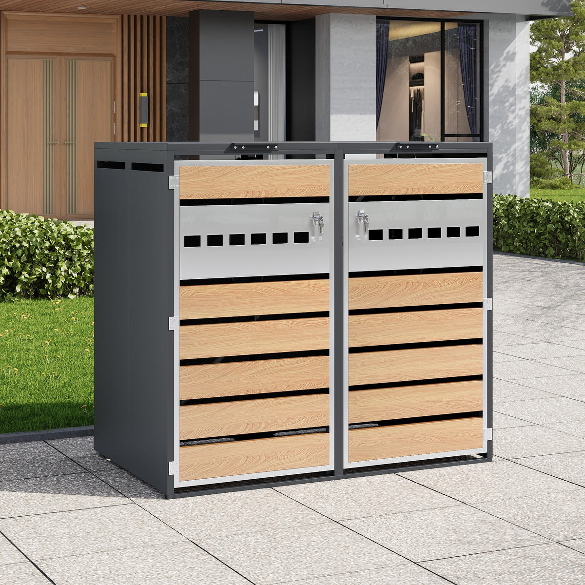 MÜLLTONNENBOX Klappdeckel 2 Türen - Grau, Metall (132/118.5/80cm) - LEBENLANG