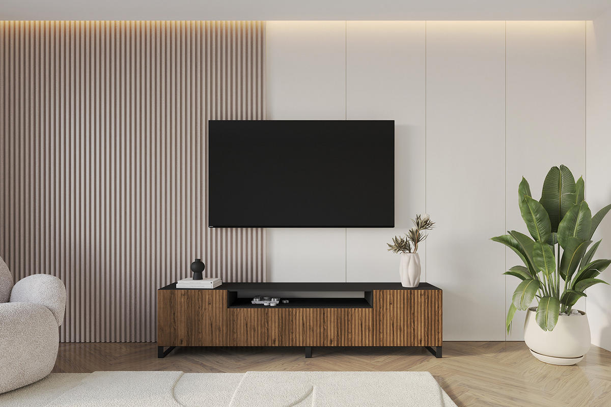 LOWBOARD NOA-2-S 200x53x41 cm - Schwarz / Katania - Eiche Wotan/Schwarz, Holzwerkstoff (200/53/41cm) - ALTDECOR