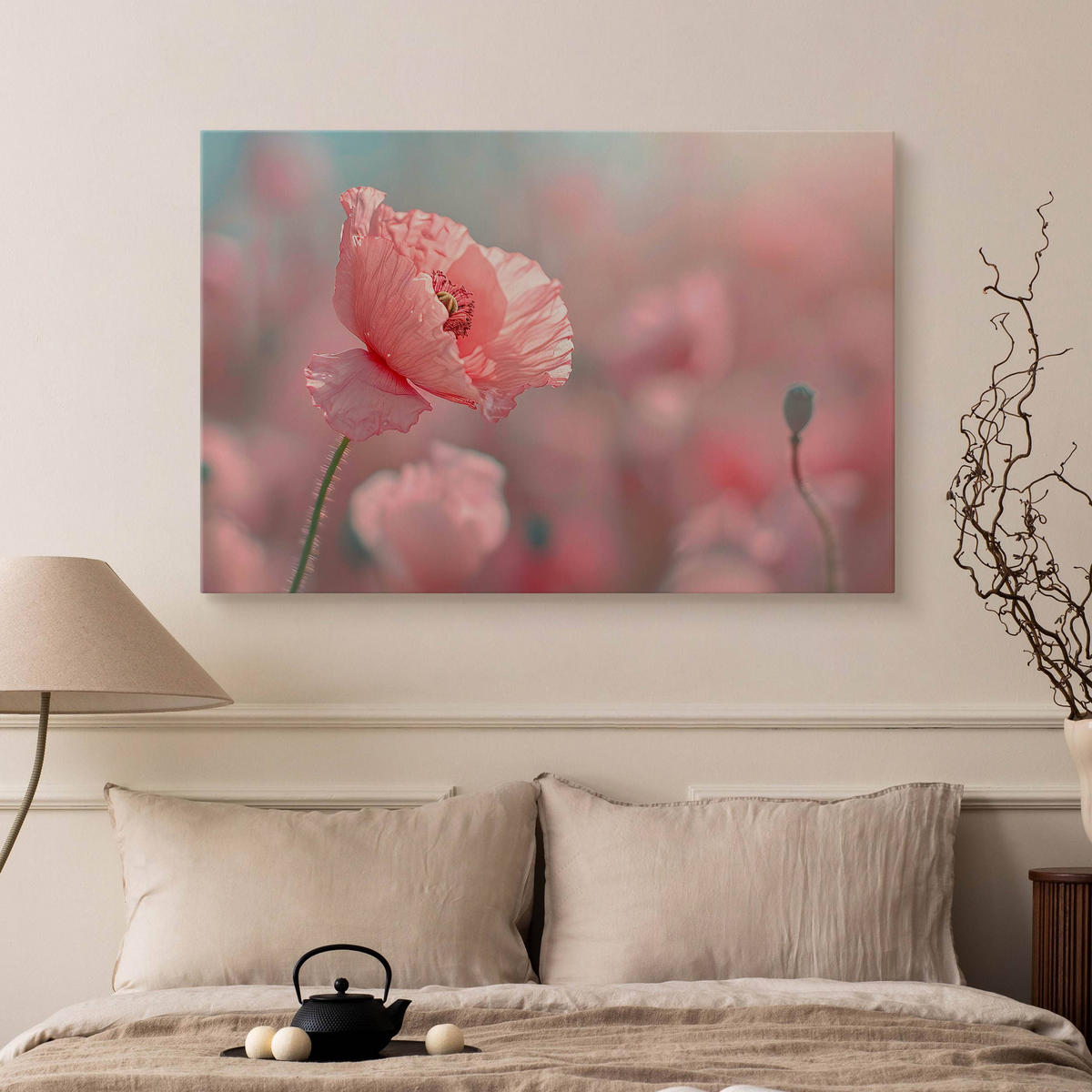 LEINWANDBILD für Wohnzimmer Mohnblumen Pflanzen Natur 120cm x 80cm - Blau/Rosa, Textil (120/80cm) - Muralo