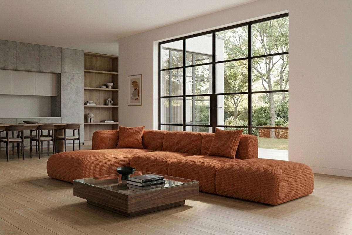 ECKSOFA L-Form mit Hocker, Chenille-Stoff Cremona, Kupfer, Links, GRETA - Kupferfarben, Holz (386/179cm) - Kaiser Möbel