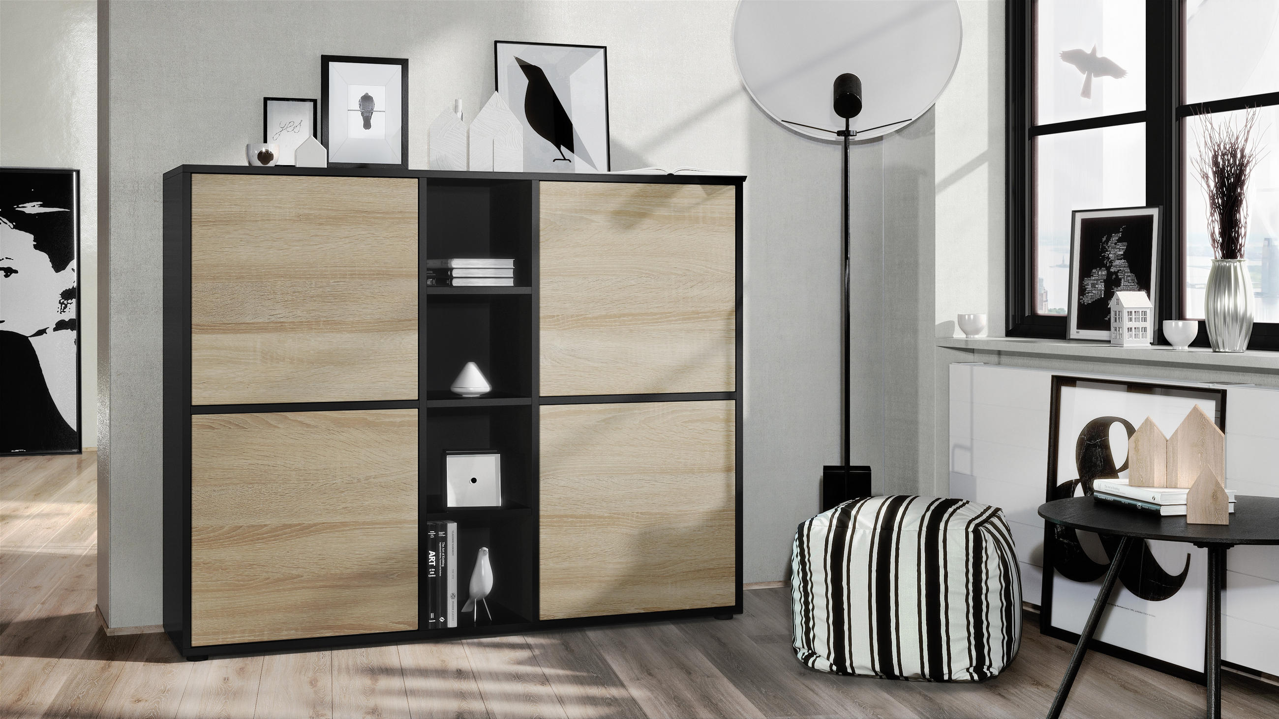 Thumbnail - Vladon Highboard, Eiche San Remo, Holzwerkstoff, 130.5x105.5x35.5 cm, Wohnzimmer, Kommoden & Sideboards, Highboards