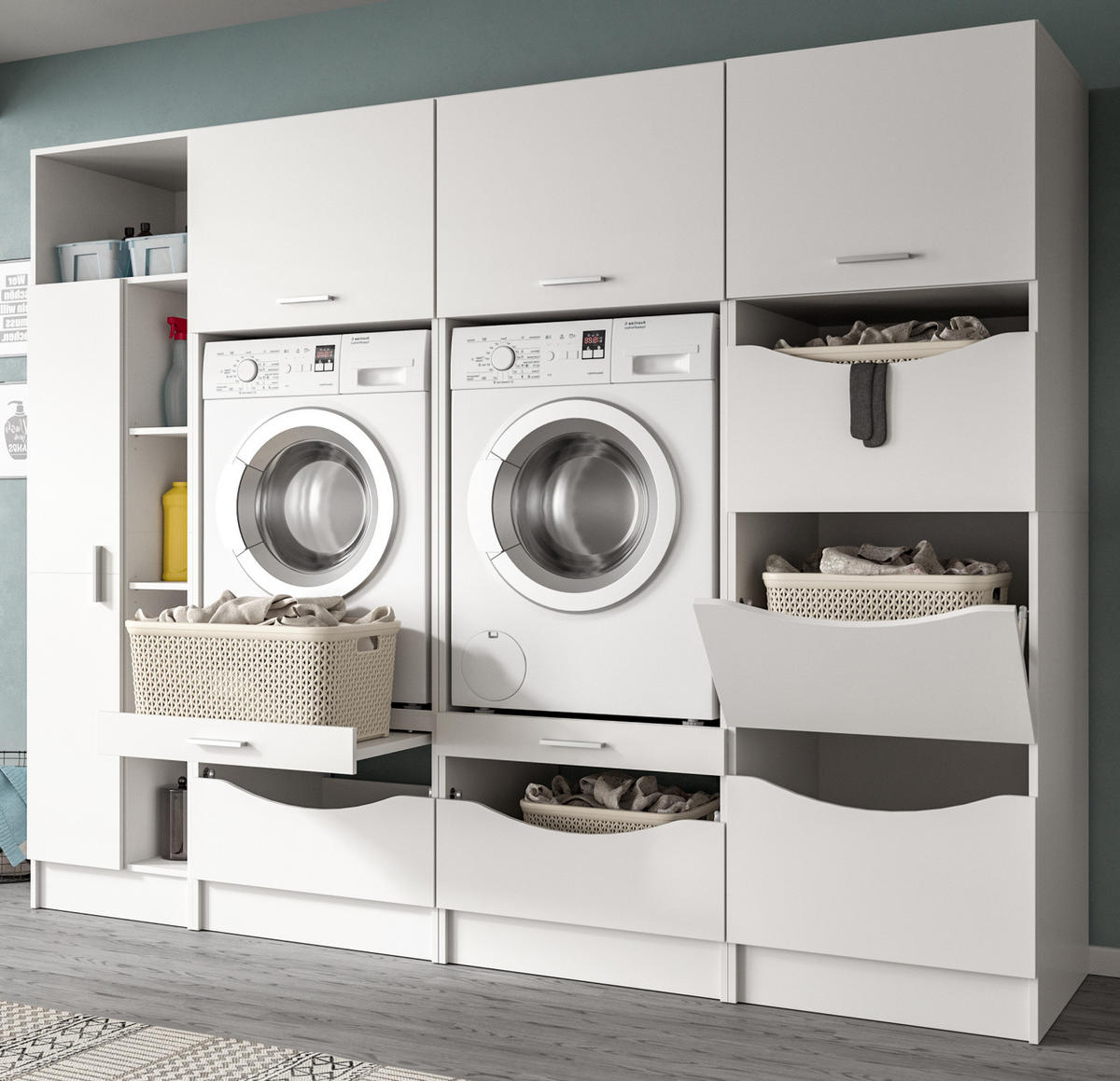 WASCHMASCHINENSCHRANK weiß Set 4-teilig, Waschmaschinenumbau 242 cm mit viel Stauraum - Silberfarben/Weiß, Glas/Holzwerkstoff (242/192/68cm) - Inn.Furn