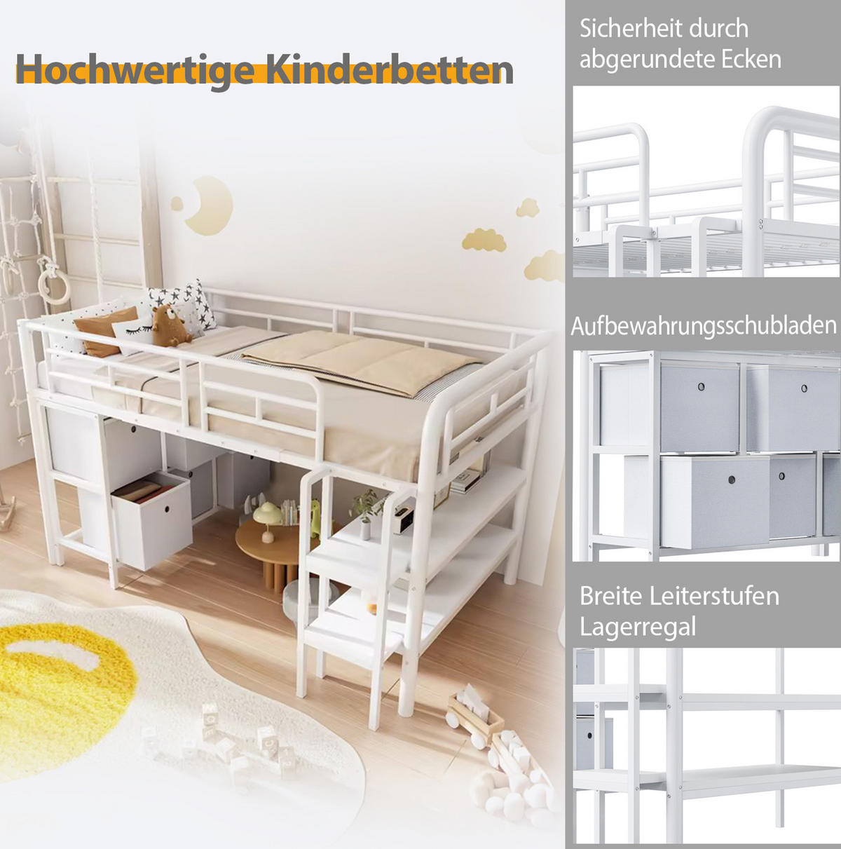HOCHBETT 90/200 cm aus Metall mit Stauraum und breiter Treppe, Weiß - Weiß, Metall (90/200cm) - Flora Grace