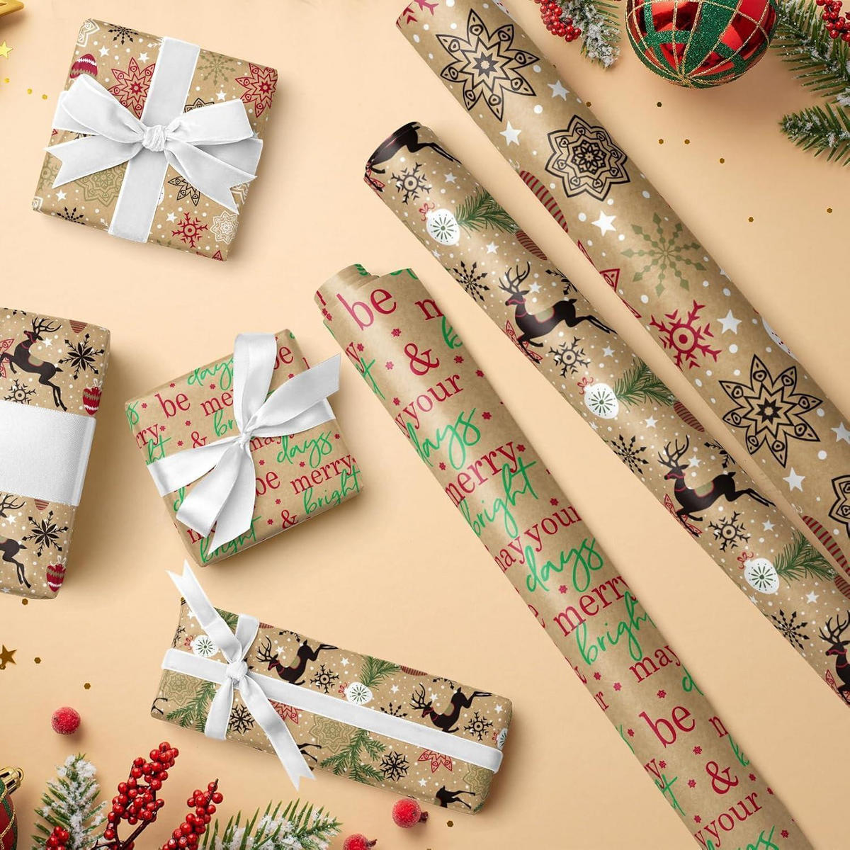 GESCHENKPAPIER 3er Set Kraftpapier Weihnachten 43,2 cm x 3 m - Multicolor, Papier (4/44/10cm)