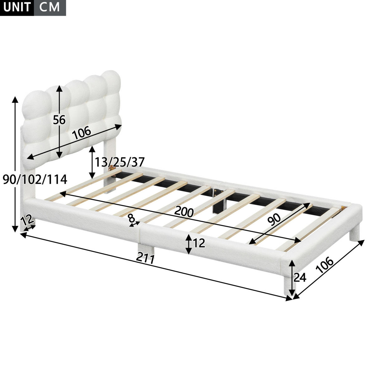 ČALOUNĚNÁ postel 90/200 cm bílá z plyše a MDF s nastavitelným čelem - bílá, textil (90/200cm) - OKWISH
