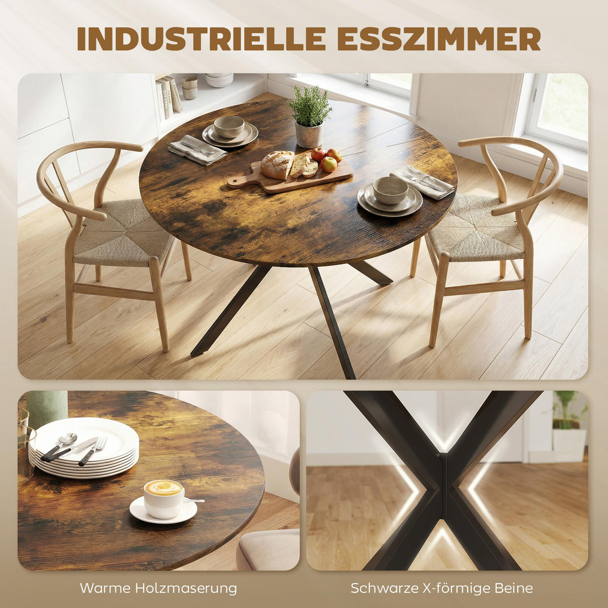 ESSTISCH rund Braun 120/120/75 cm - Braun, Metall (120/120/75cm) - HOMCOM