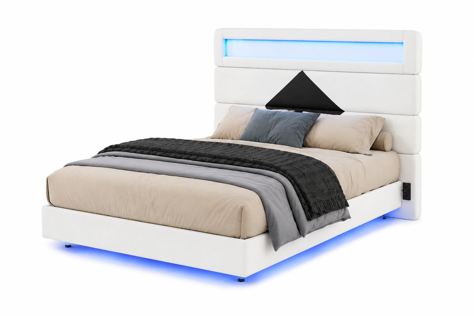 POLSTERBETT 140/190 cm mit schwarzem Dreieck-Detail, doppelte RGB-Stimmungsbeleuchtung und USB-Ladeanschluss - Weiß, Holz/Metall (140/190cm) - Joyfair