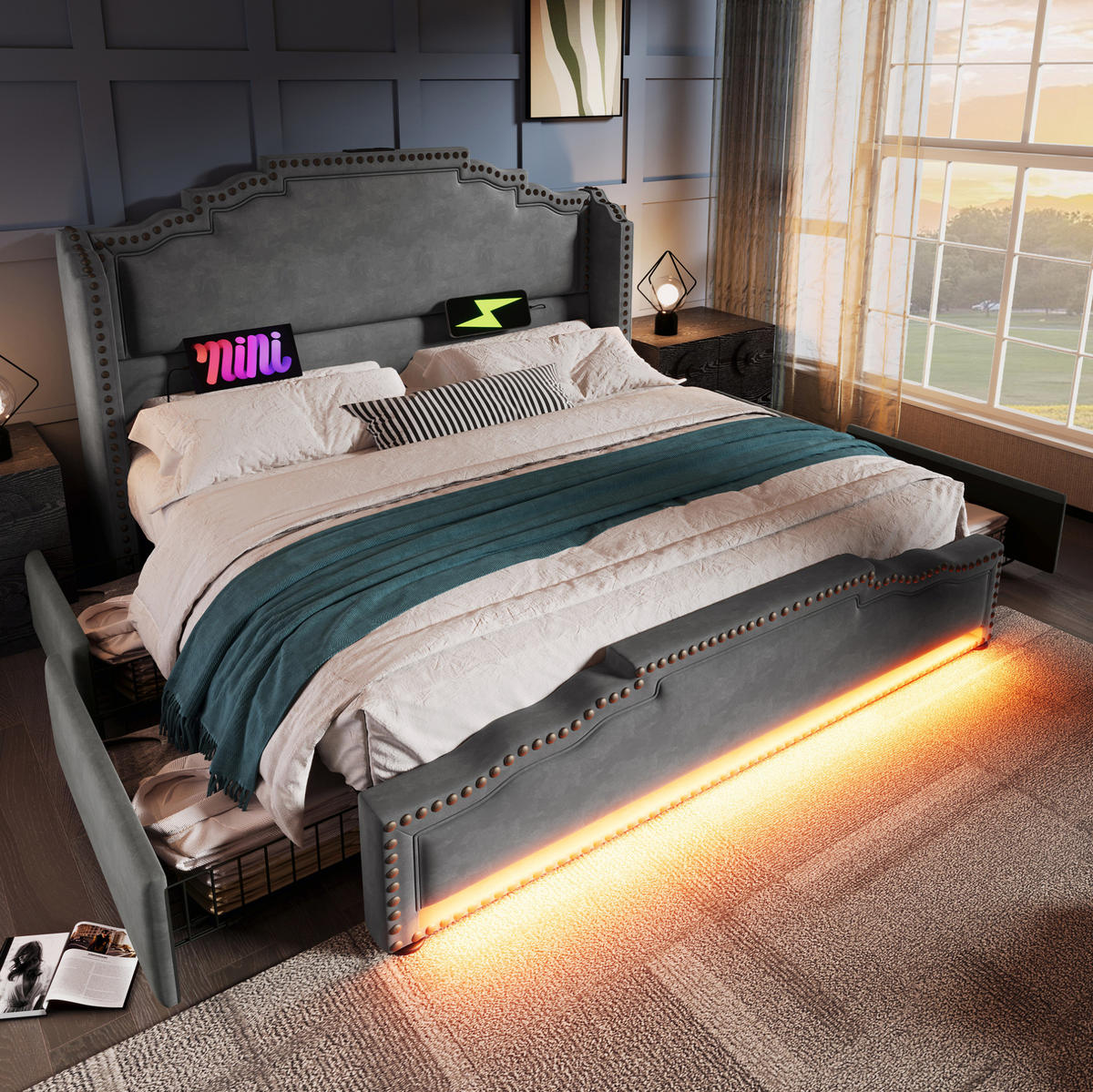 BETT mit Matratze, 4 Schubladen, LED & USB-C 140x200 cm Samt Grau - Grau, Metall (140/200cm) - Meubliv