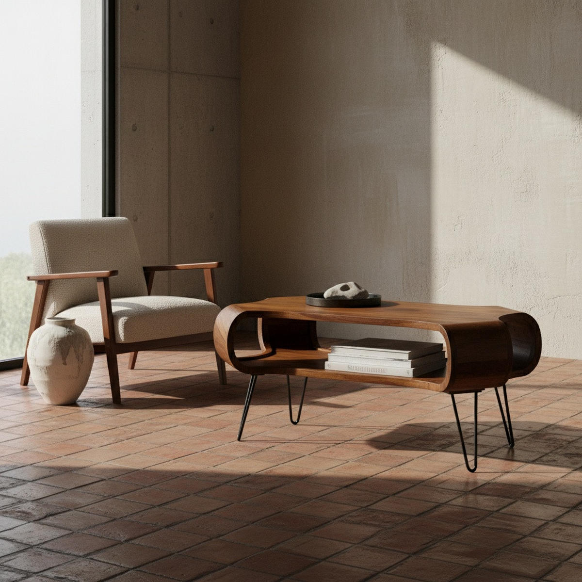 COUCHTISCH Rechteckig in Massivholz und Metall 100x60x47cm mit Stauraum und Haarnadelbeinen - Sheeshamfarben/Schwarz, Holz/Metall (60/100/47cm) - KADIMA DESIGN