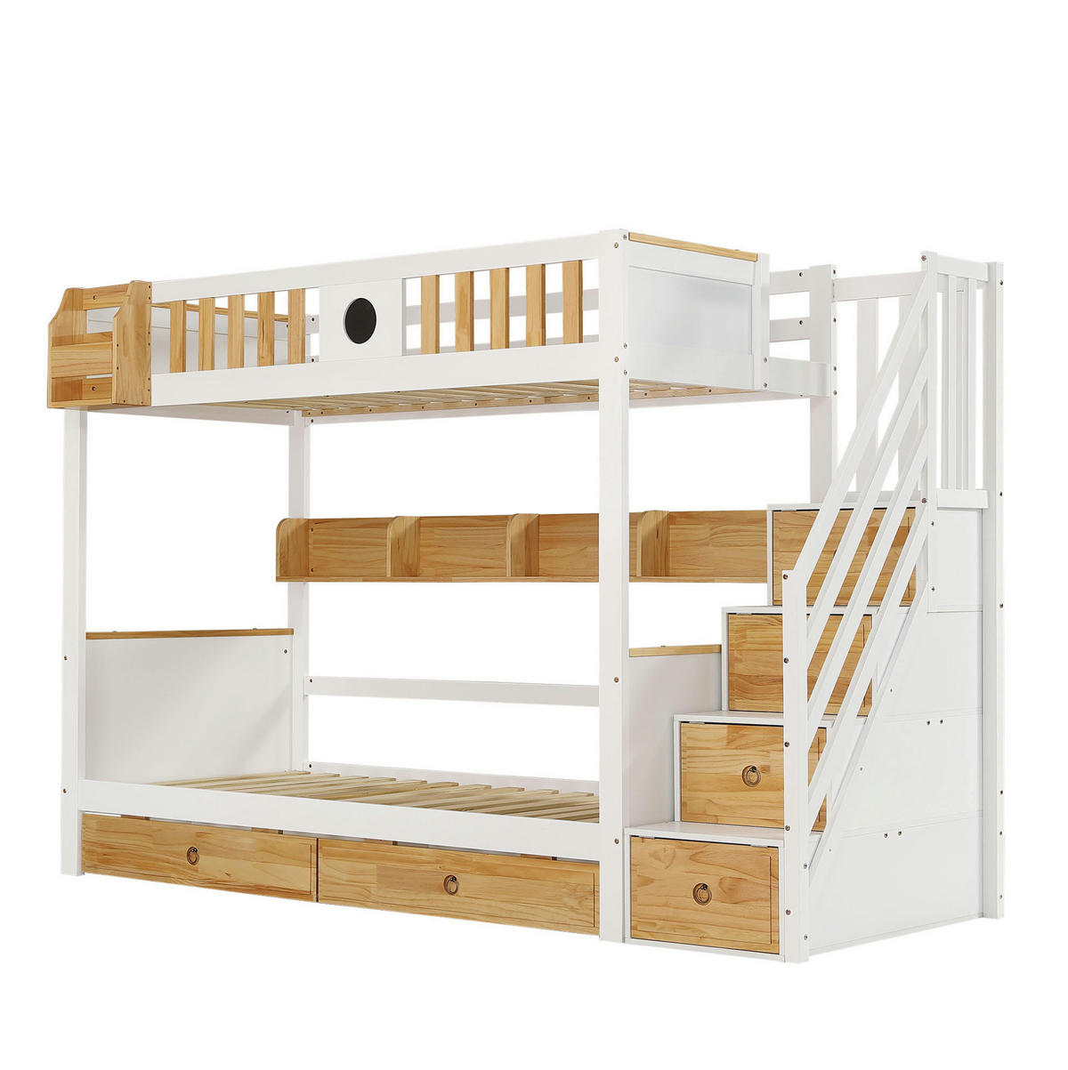 PATROVÁ postel 90/200 cm bílá a přírodní z borovice a MDF se schody s úložným prostorem - bílá, kompozitní dřevo (90/200cm) - OKWISH