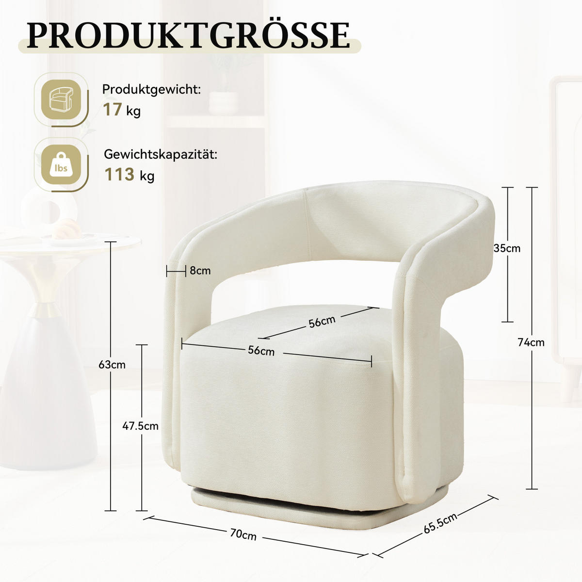 SESSEL,360 Grad Drehsessel Chenille Weiß, Relaxsessel für Wohnzimmer - Weiß, Textil (70/74/65cm) - PARAFTA HOME