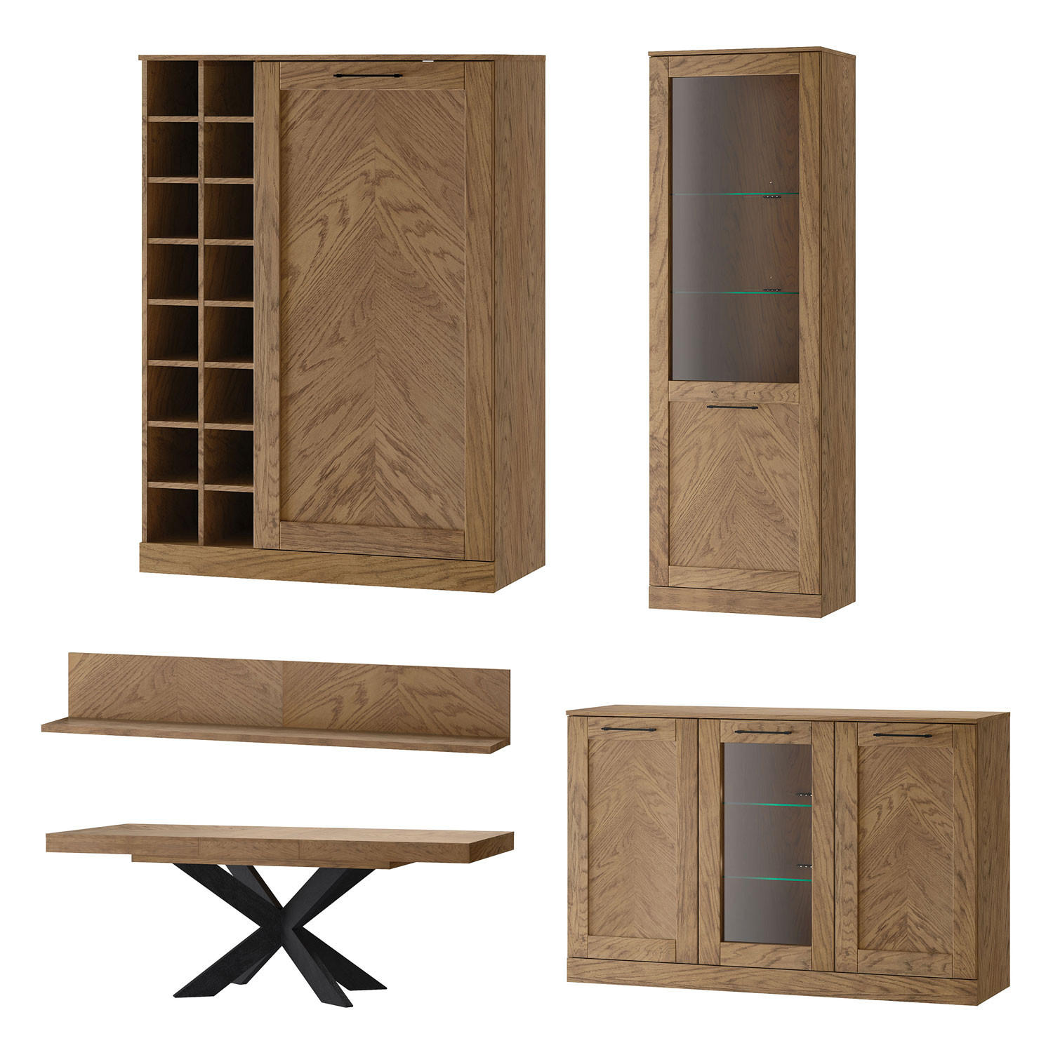 WOHNZIMMER-SET Cozy 10 Eiche Rustikal 5-teilig - Eichefarben/Braun, Holz/Metall (465/198/50cm) - Feldmann-Wohnen