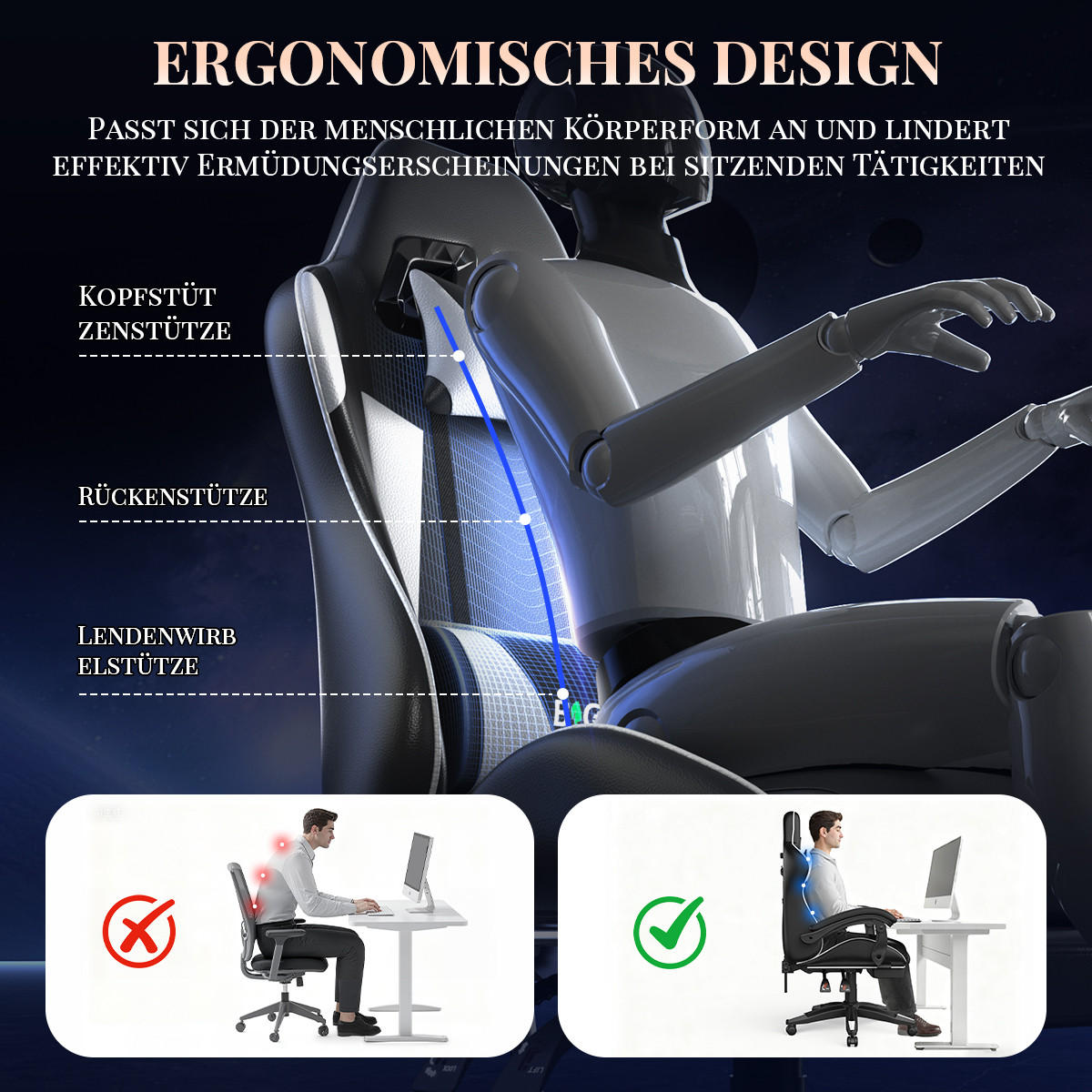 GAMINGSTUHL Schwarz-Weiß,mit Massage,Fußstütze, Ergonomisch, Verstellbar - Weiß, Metall (26/59/77cm) - Rattrix