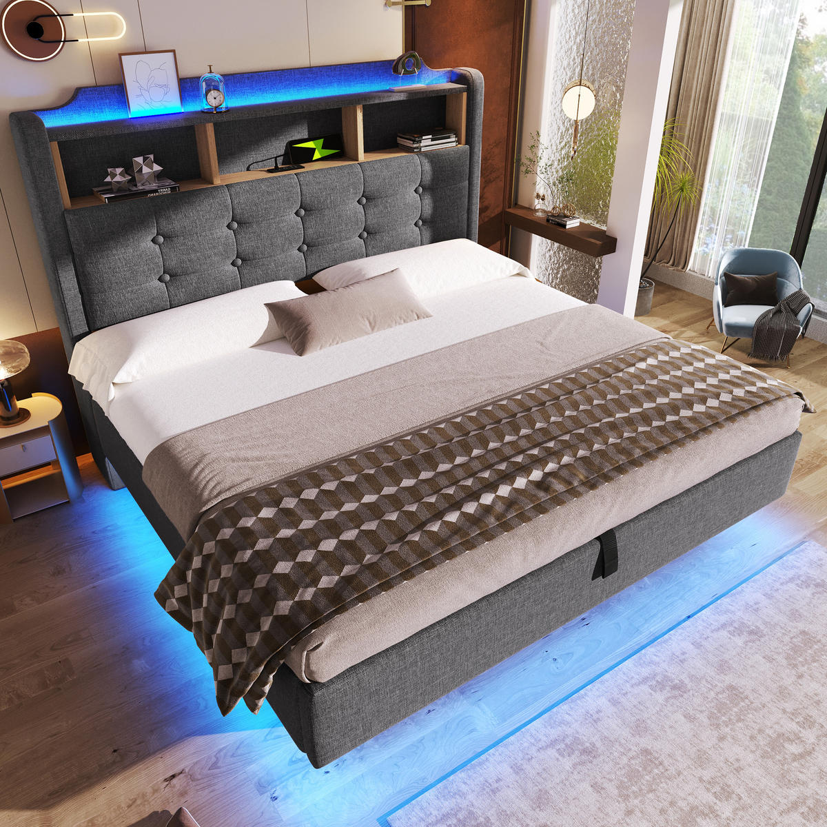 POLSTERBETT 140/200 cm Grau mit LED-Lichtleiste, Staufächer, USB- und Typ-C-Anschlüsse - Grau, Textil (140/200cm) - Oxeza