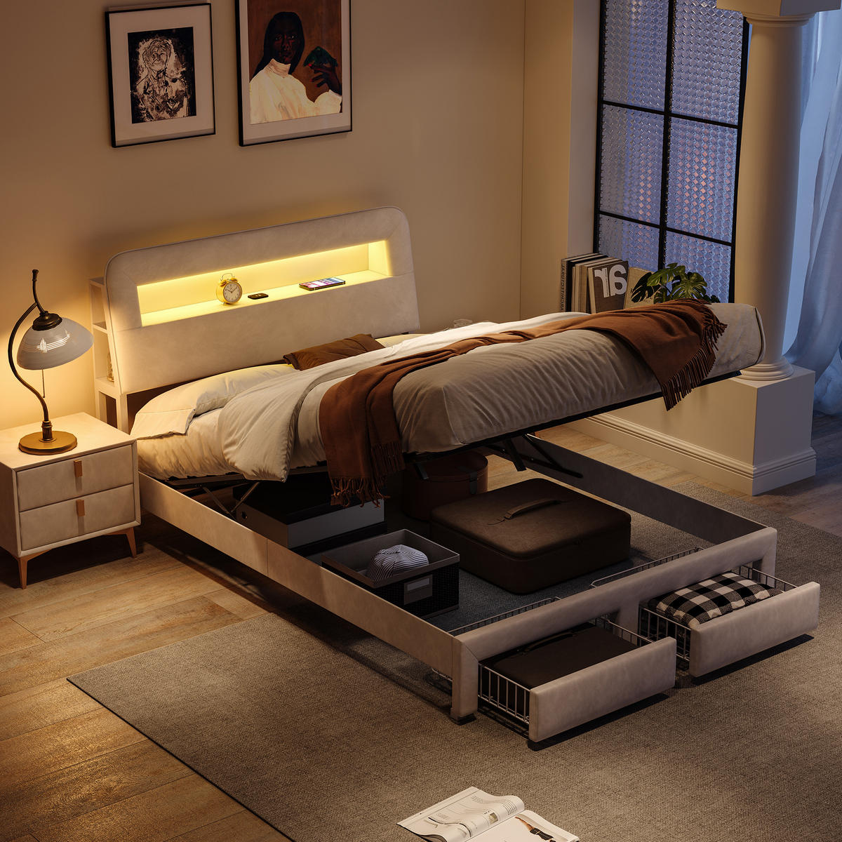 POLSTERBETT 140x200 cm Beige Samt LED USB 2 Schubladen - Beige, Metall (140/200cm) - SHOPENTRA
