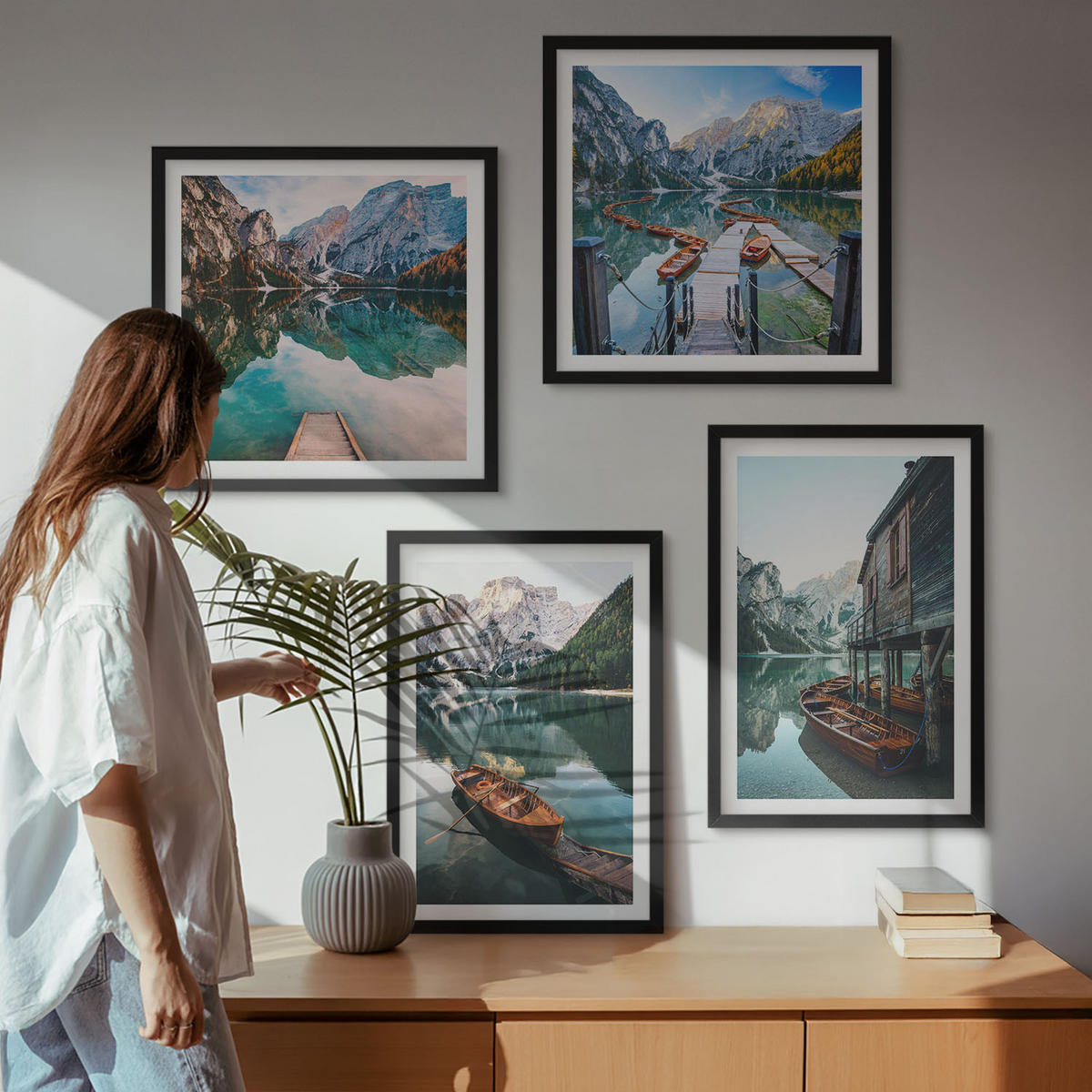 WANDBILDER 4er-Set - 50x50 cm & 40x60 cm Schwarzer Rahmen - See, Berge, Boote, Ferienhaus - Schwarz, Kunststoff (50/50cm) - ArtPrintCave