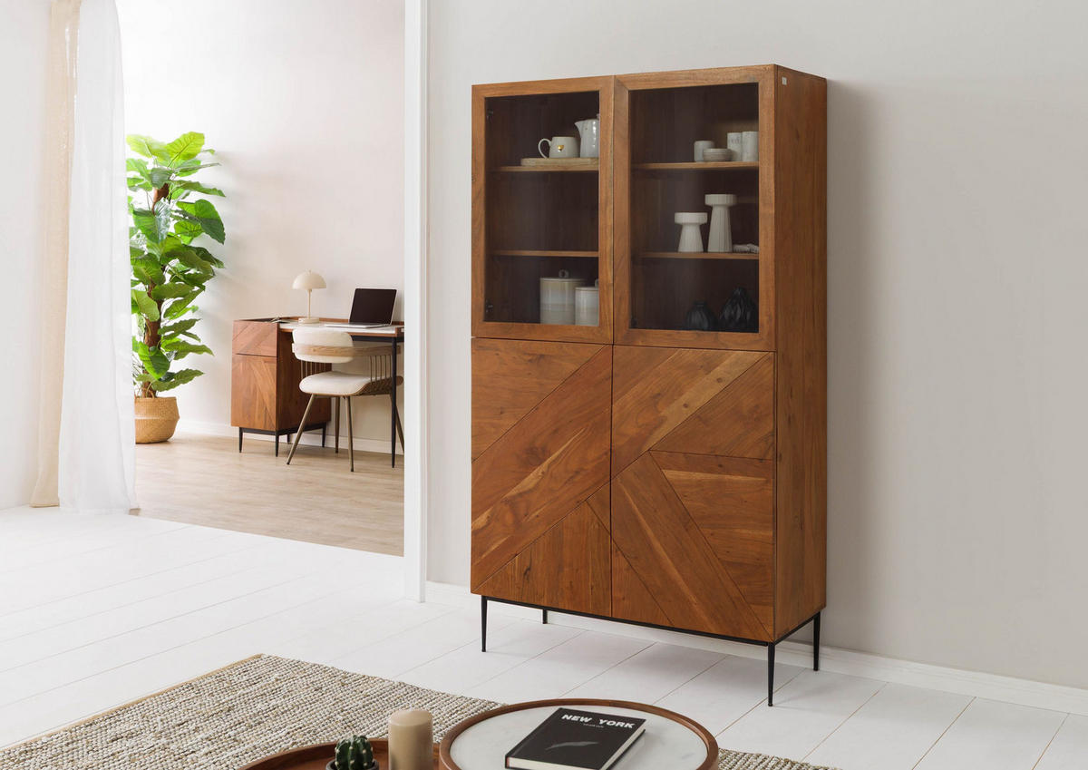 VITRINE Akazie 100x40x175 natur lackiert KARLSTAD #25 - Braun, Holz (100/175/40cm) - Massivmoebel24
