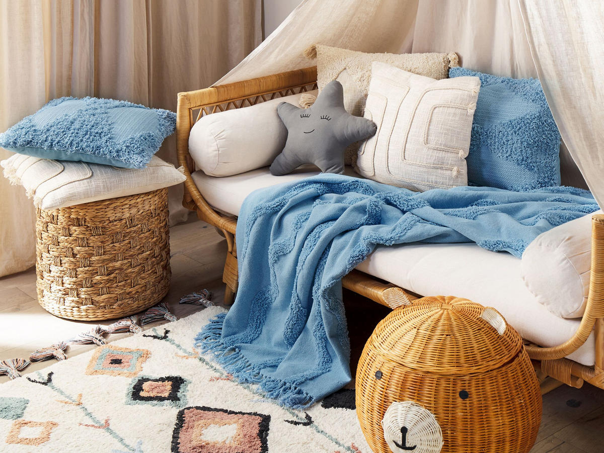 DECKE Hellblau Khari 125/150 cm - Hellblau, Naturmaterialen/Textil (125/150cm) - Beliani