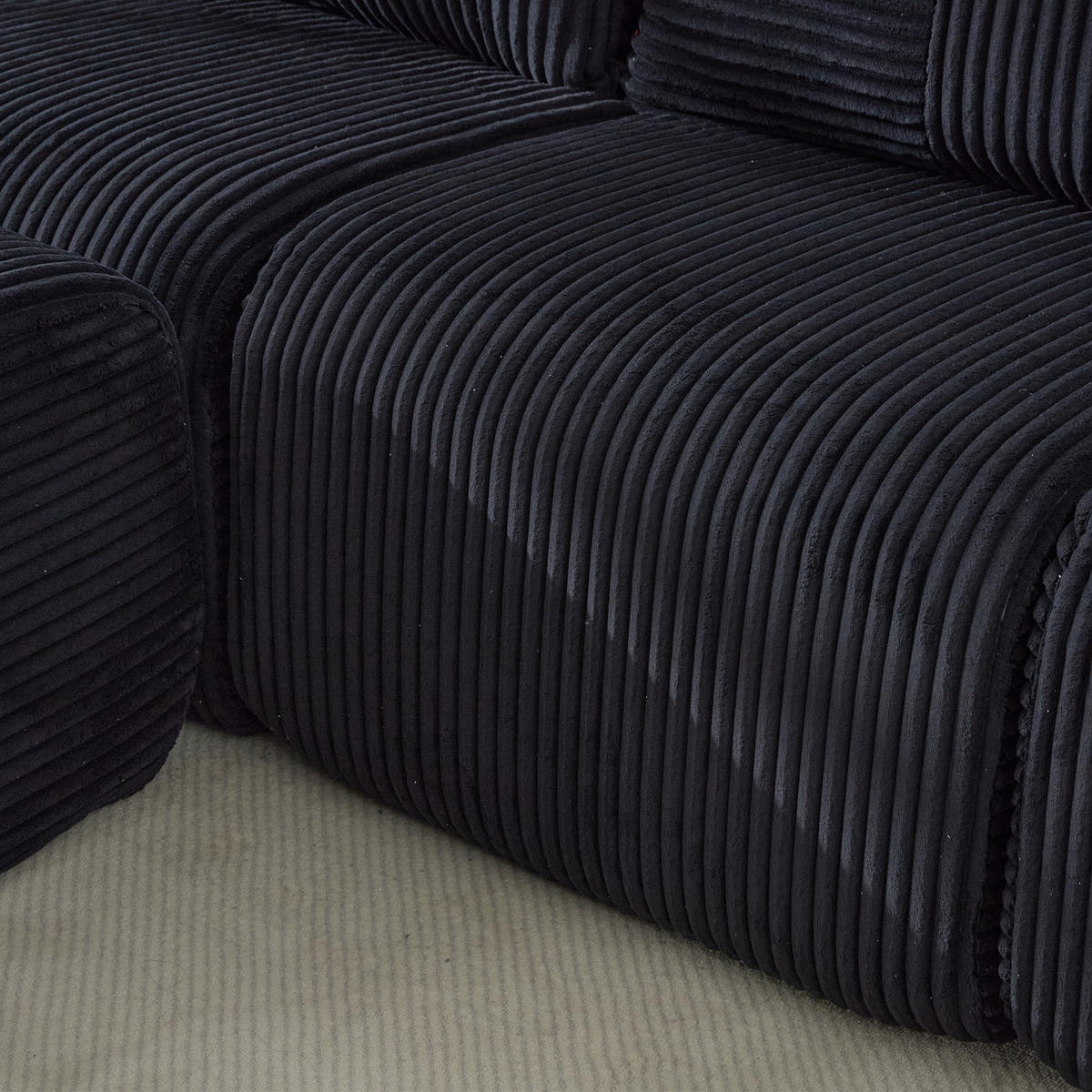 3-SITZER SOFA Cord Schwarz mit Hocker, Becherhalter und Seitentasche - Schwarz, Textil (268/174cm) - WISHDOR