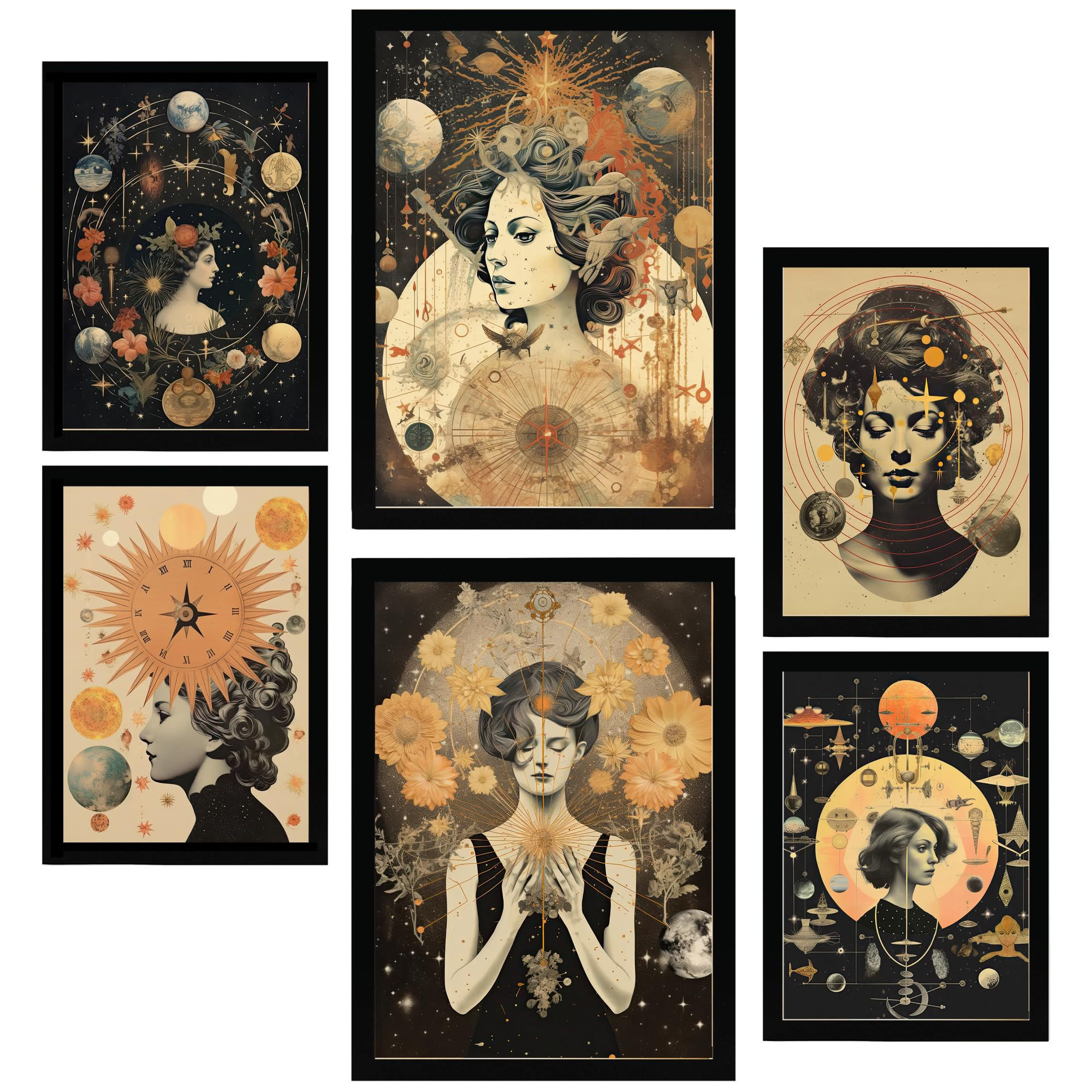 POSTER Set Mit 6 Femininen & Mystischen Esoterischen A3 & A4 Schwarzer Rahmen - Schwarz, Papier (29/3cm) - Nacnic