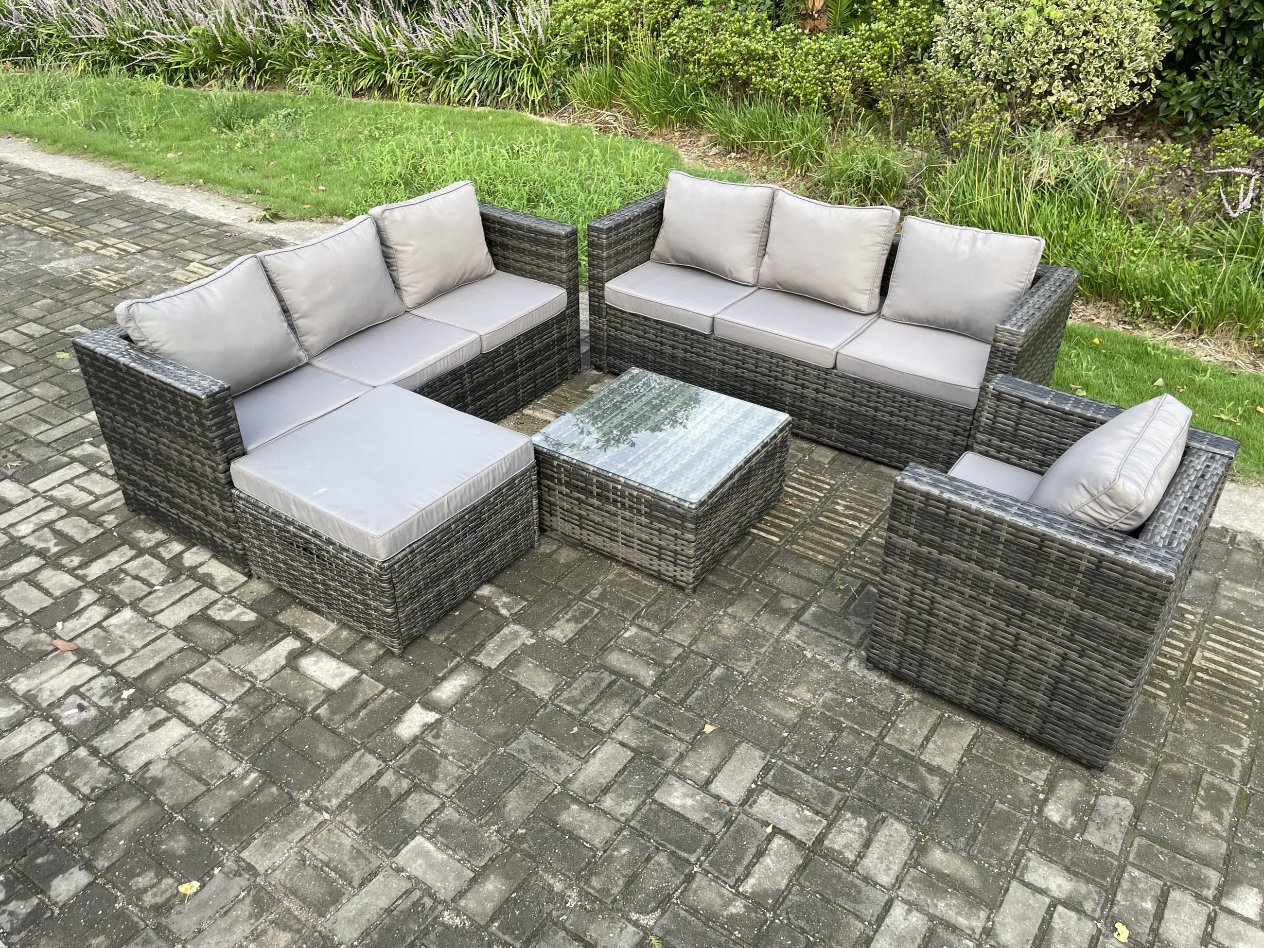 GARTENMÖBELSET Polyrattan 8-Sitzer - Dunkelgrau, Metall - Fimous