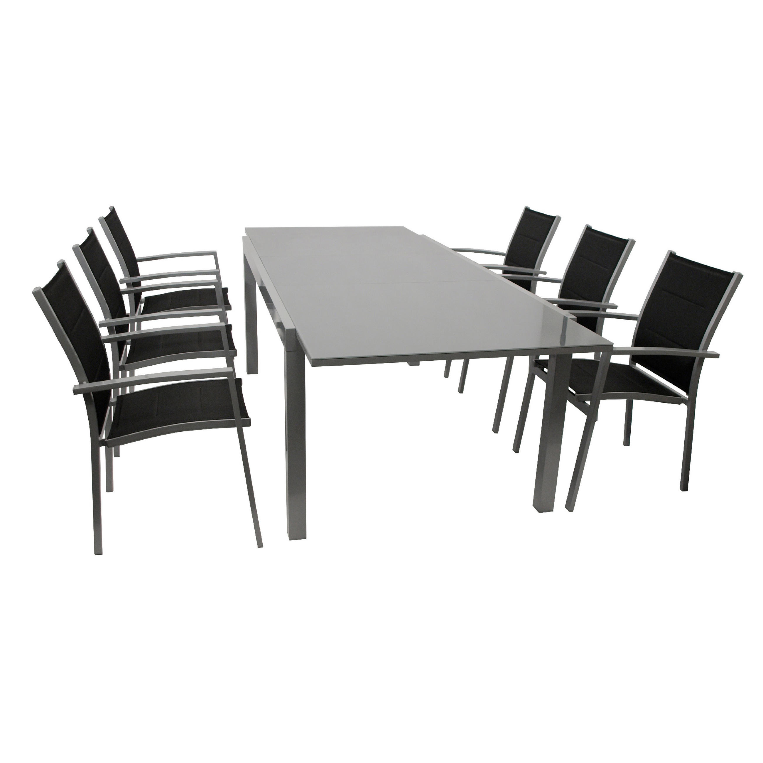 GARTEN-GARNITUR Ashford - 7-teilige Garten-Essgruppe (6x Stapelsessel mit Armlehnen, 1x Ausziehtisch 180/240x100cm), Gestell Aluminium - Schwarz, Metall - TPFGarden