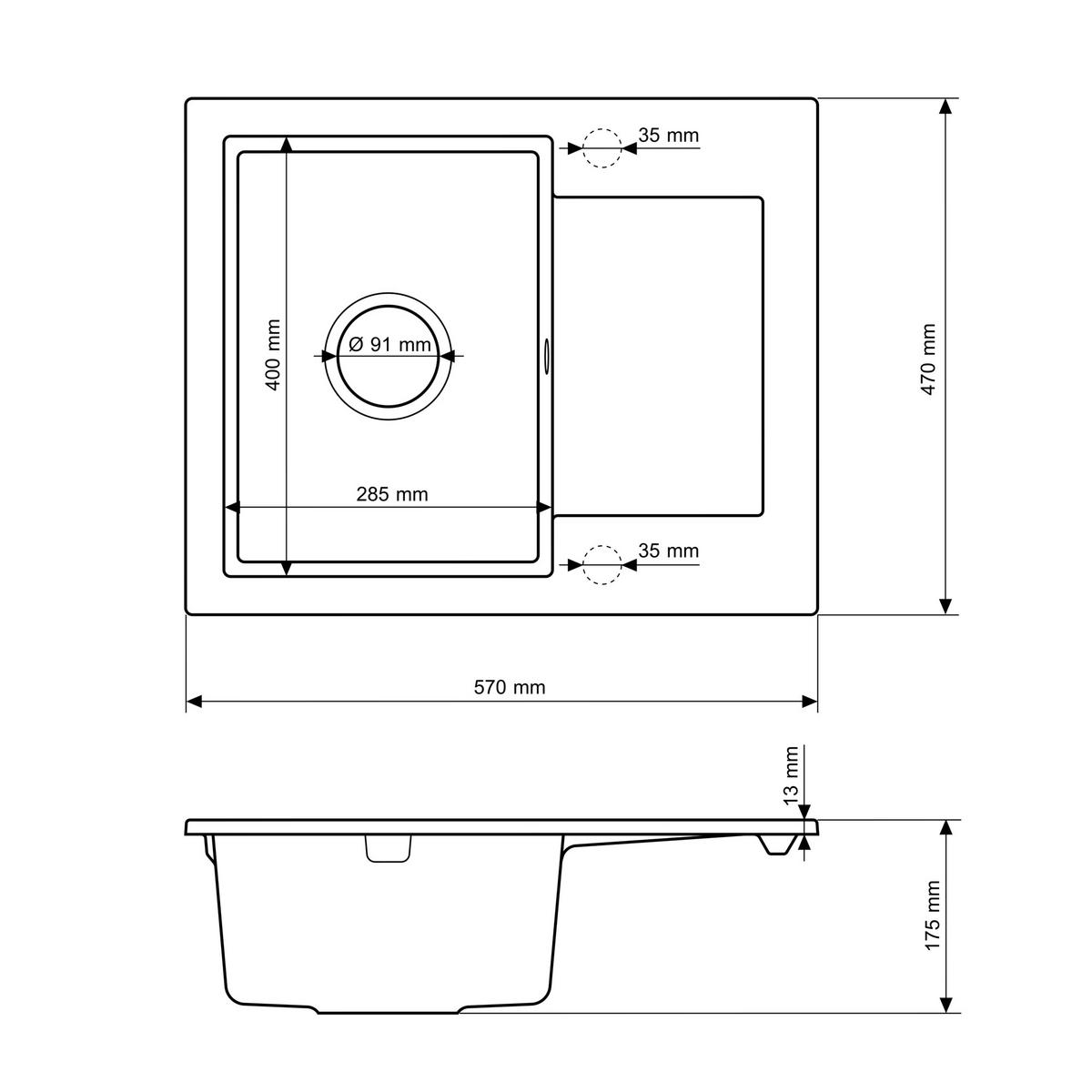 SPÜLE Bello Schwarz 3-tlg. mit Armatur und Siphon Chrom - Schwarz, Stein (57/47/20cm) - Granitan