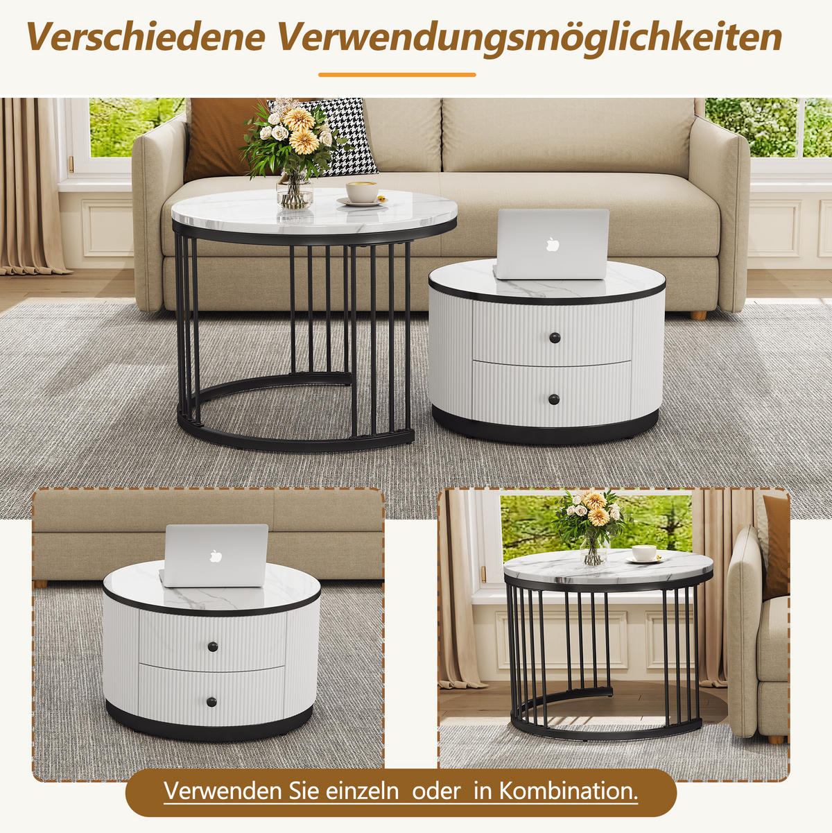 COUCHTISCH-SET 60/50 cm in Marmoroptik mit 2 Schubladen - Weiß, Holzwerkstoff (60/60/45cm) - BEAOK