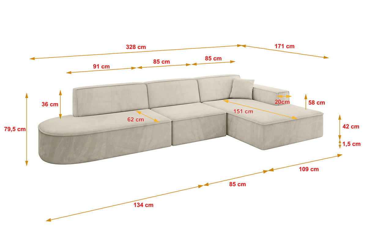 ECKSOFA Ottomane Rechts IREA-L2-v4 - 328x171x79 cm Dunkelgrau - Ecru, Holzwerkstoff/Textil (171/328cm) - ALTDECOR