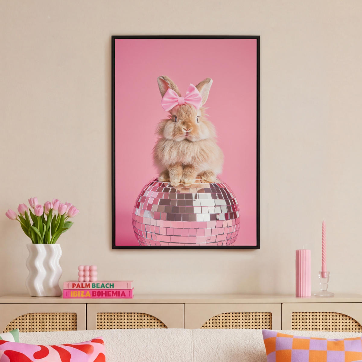 LEINWAND Bilder mit Rahmen - Schleife - Discoball - Kaninchen - 60x90 - Pink, Textil (60/90cm) - MuchoWow