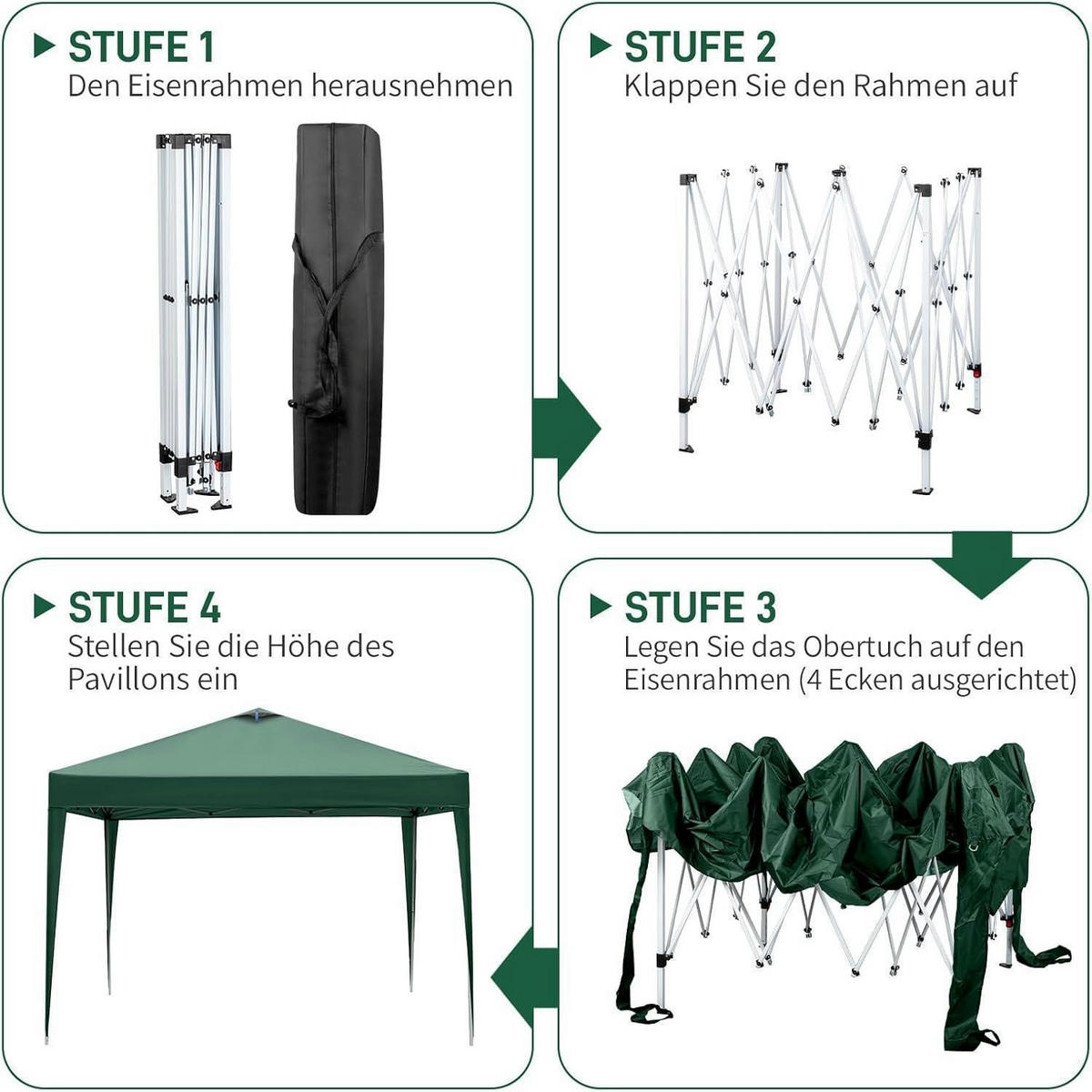 FALTPAVILLON 3x3m Grün Wasserdicht Höhenverstellbar UV-Schutz 50+ - Grün, Textil (300/255/300cm)