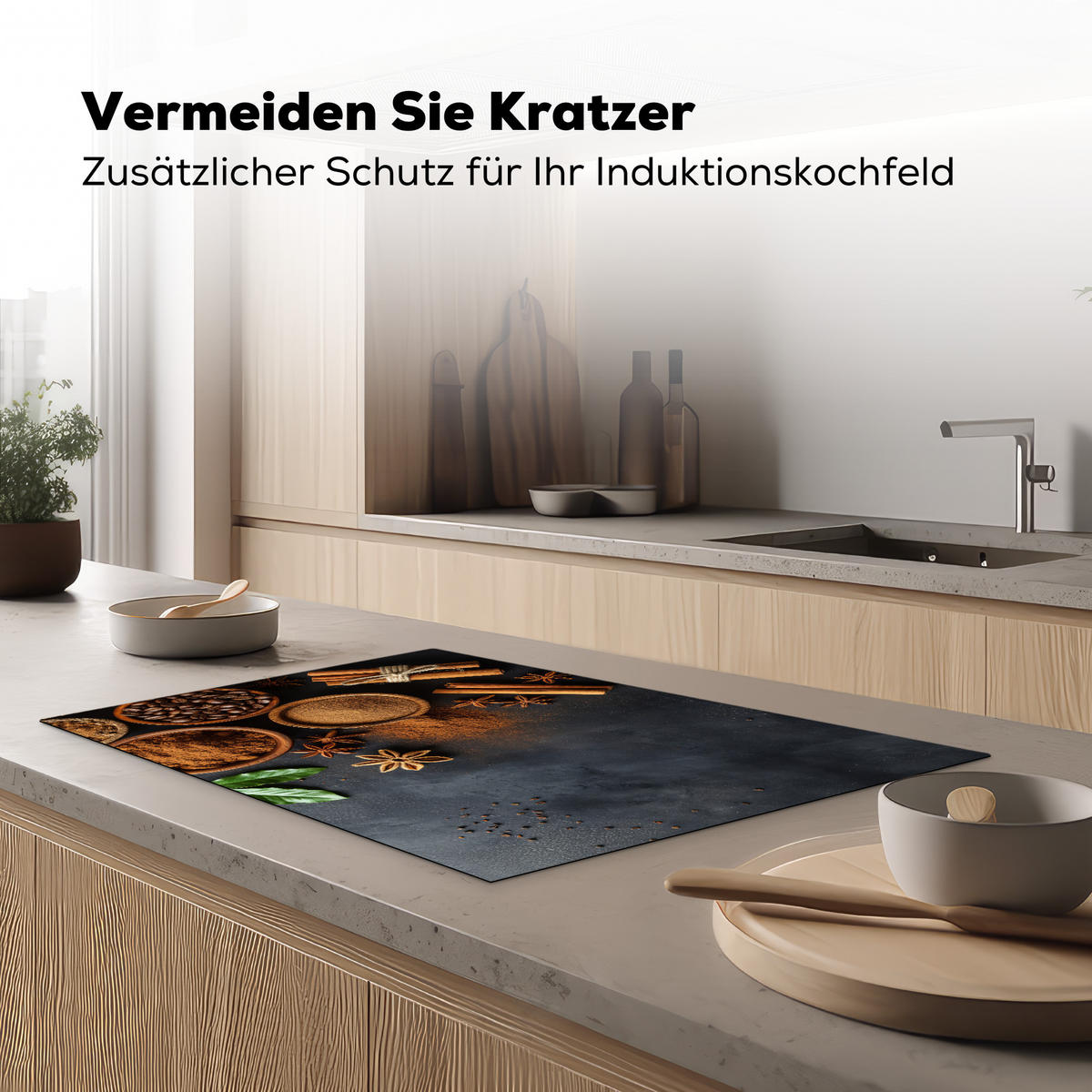 HERDABDECKPLATTE Zimt - Beton - Kaffee - Zimtstangen - Gewürze Induktionsschutz 81.6x52.7 cm - Mokka, Kunststoff (81.6/52.7/0.2cm) - MuchoWow