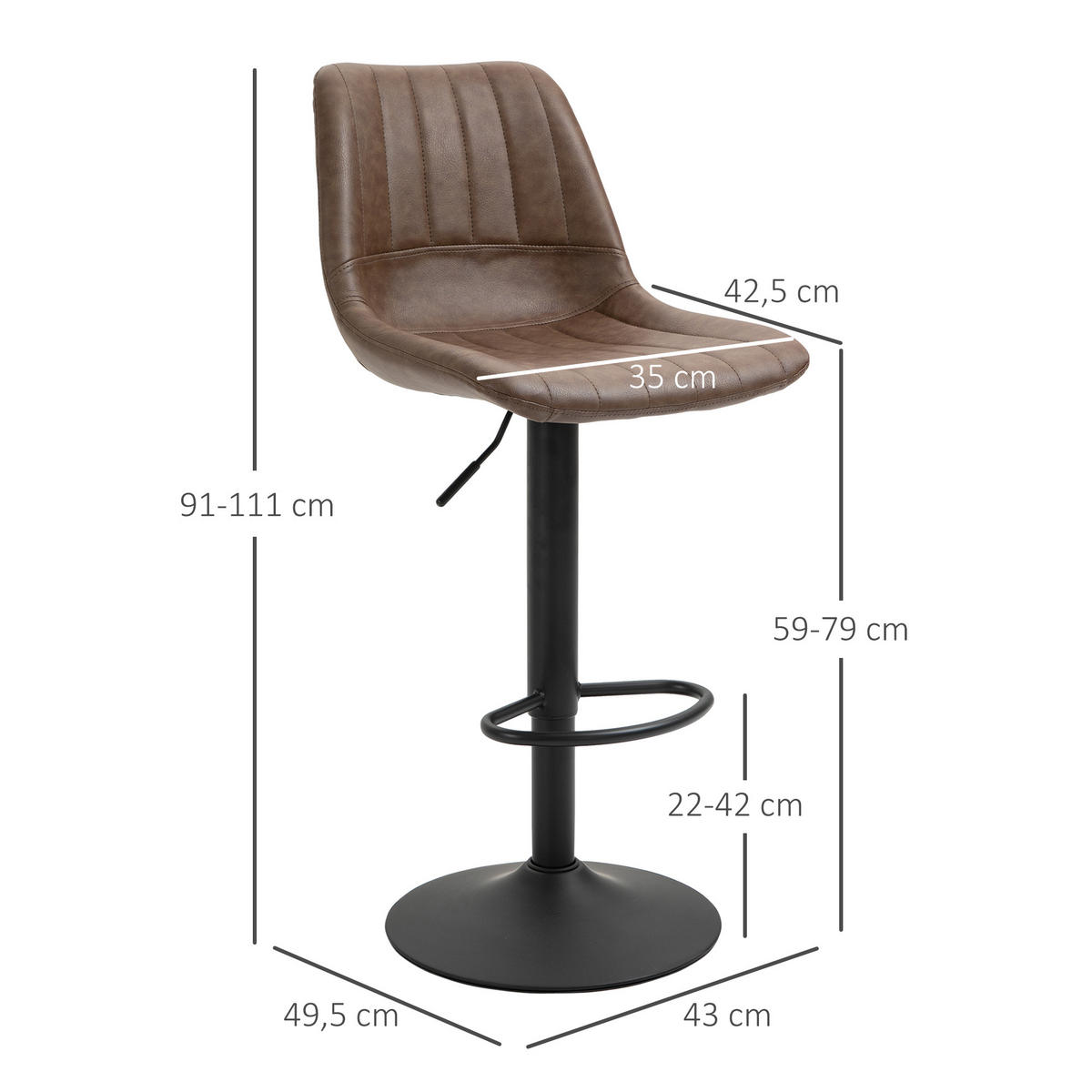 BARHOCKER, Kunstleder, Stahl, Braun - Braun, Kunststoff (49.5/111/43cm) - HOMCOM