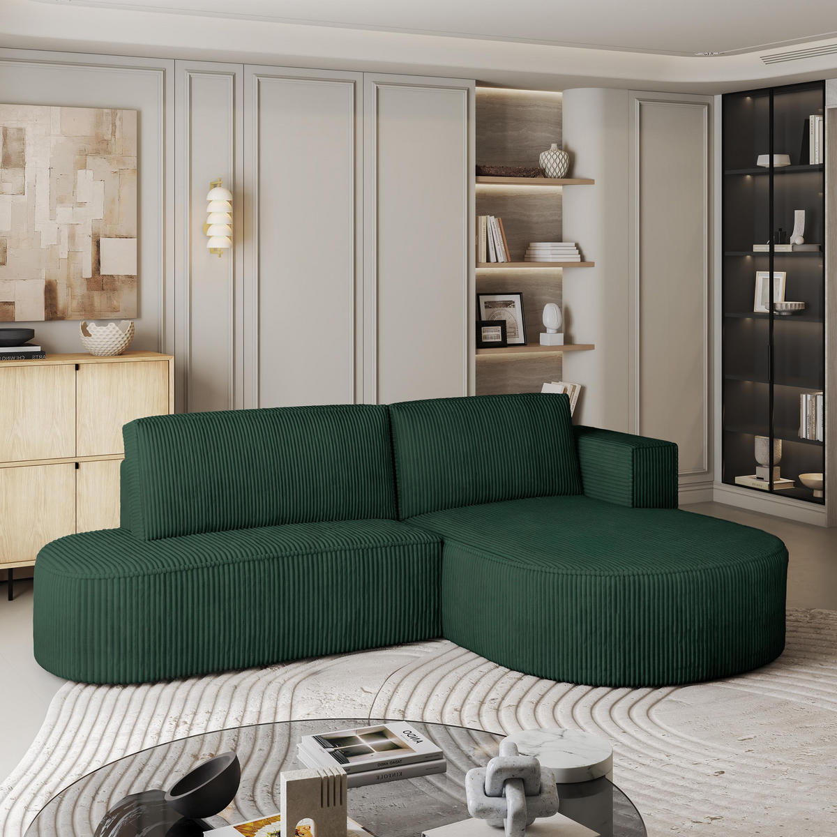 ECKSOFA CORTIO P R-S Grün Kordstoff mit Schlaffunktion - Grün, Holz (265/174cm) - MASSENO