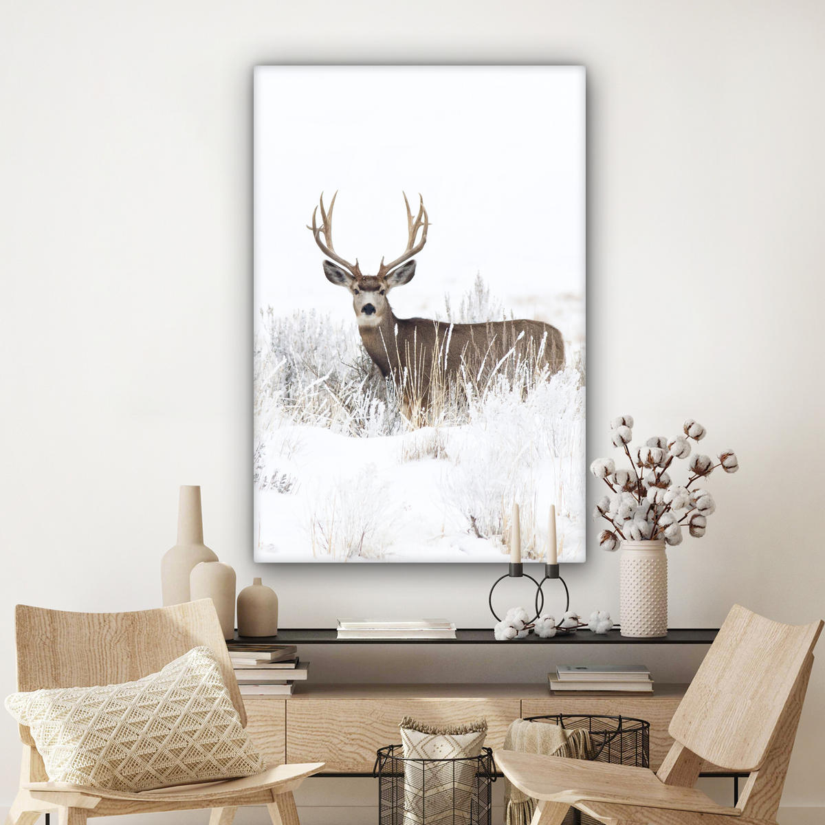 LEINWANDBILD Hirsche - Winter - Schnee - Tiere - Jahreszeiten - Weiß 90x140 cm - Hellbraun, Textil (90/140cm) - MuchoWow