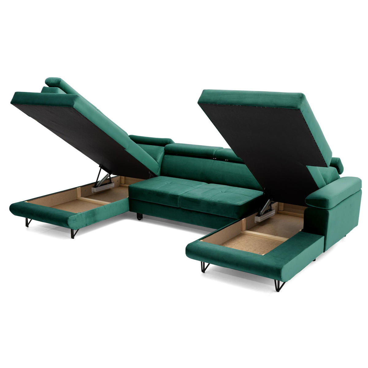 ECKSOFA U-Form JUNIOR U Links mit Schlaffunktion 128x254 Velours Dunkelgrün - Dunkelgrün/Schwarz, Holz/Textil (323/90/184cm) - Muffo