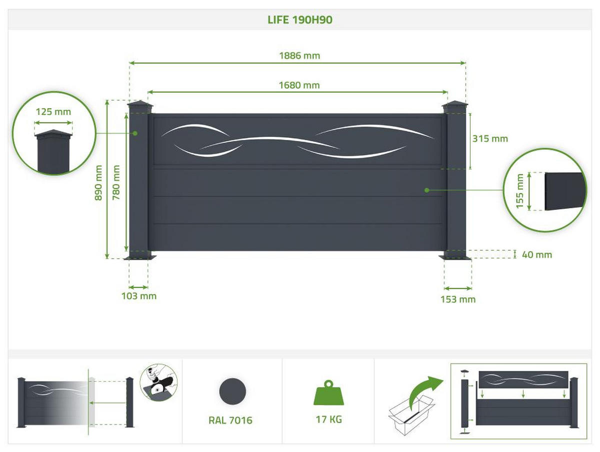 VORGARTENZAUN 2er-Set Life grau 1,9m H.90cm aluminium - Grau, Metall (378/89cm) - Casanoov