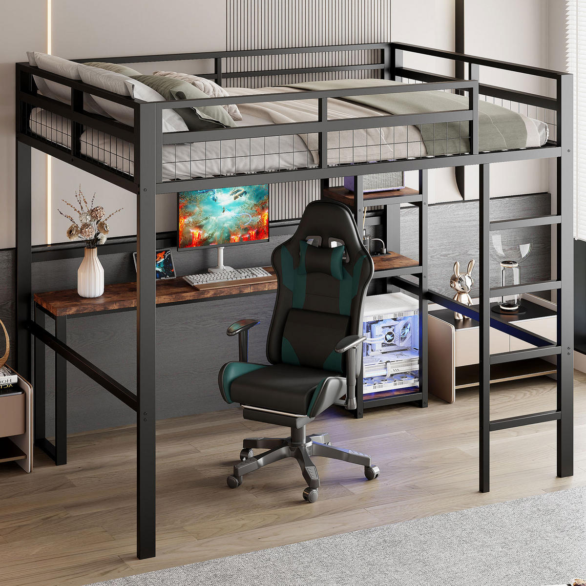 HOCHBETT aus Metall und MDF 140x200 cm Schwarz mit Schreibtisch, Regalen und USB-Type-C-Anschluss - Schwarz, Metall (140/190cm) - IVMEU