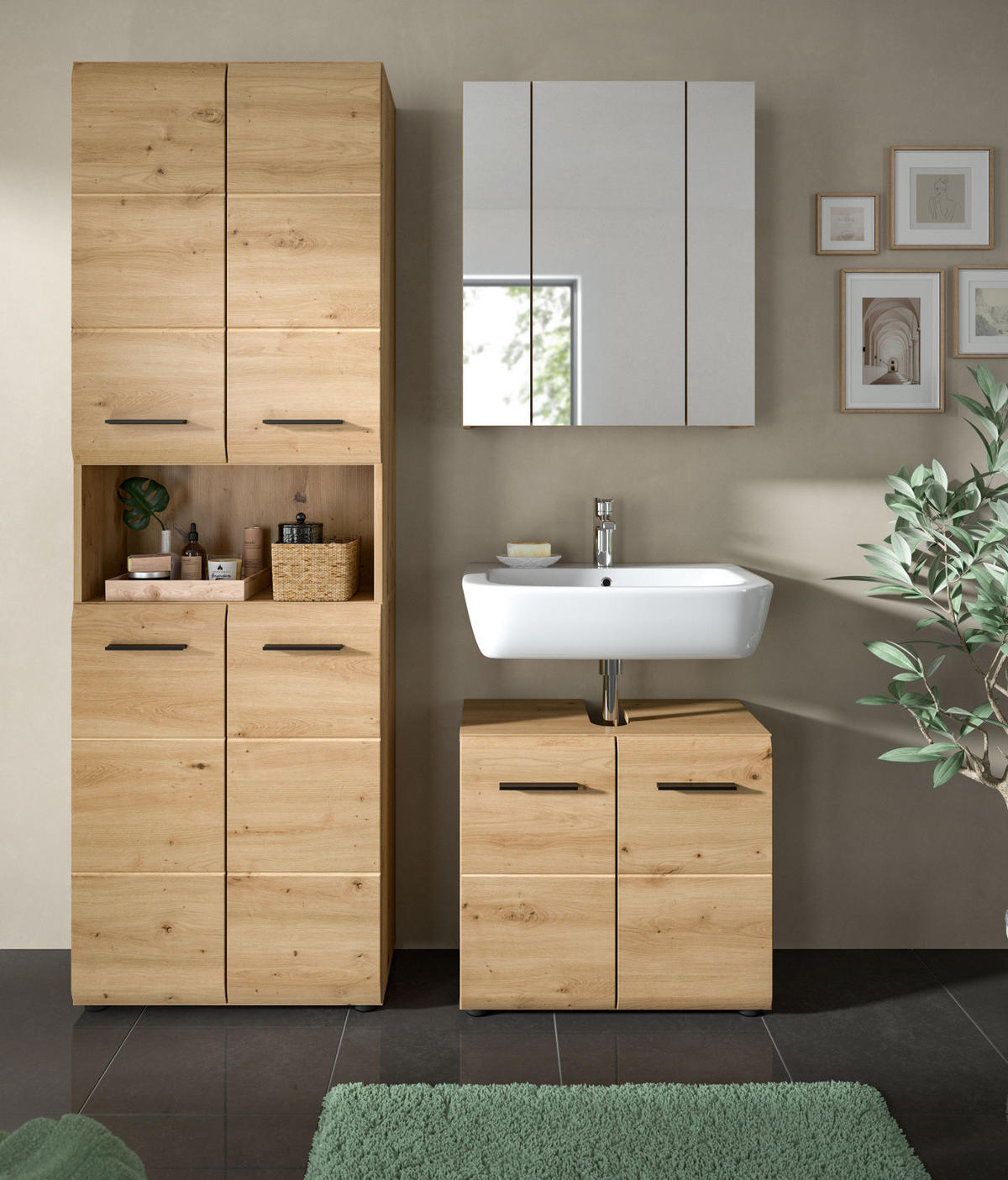 BADMÖBEL SET 3-teilig in Artisan Eiche, Badkombination 135 x 185 cm, Cover - Schwarz/Eiche Artisan, Glas/Holzwerkstoff (135/185/30cm) - Inn.Furn