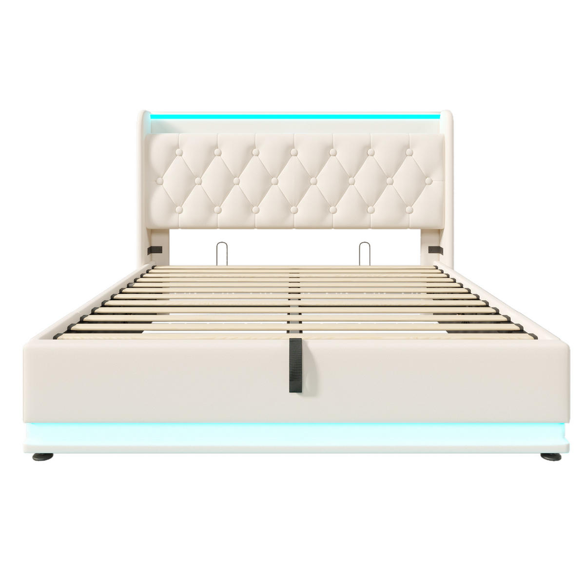 POLSTERBETT 140/200 cm mit LED-Beleuchtung, USB-C, hydraulischem Bettkasten und Matratze, Weiß - Weiß, Kunststoff (140/200cm) - Redom