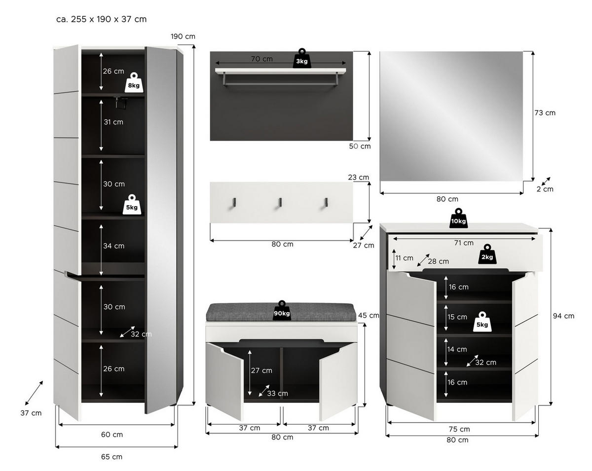 GARDEROBEN-SET inkl. Sitzkissen CANU 6-tlg. (B/H/T: ca. 255/190/37 cm) in Basalt grau/weiß - Grau, Holzwerkstoff (255/190/37cm)