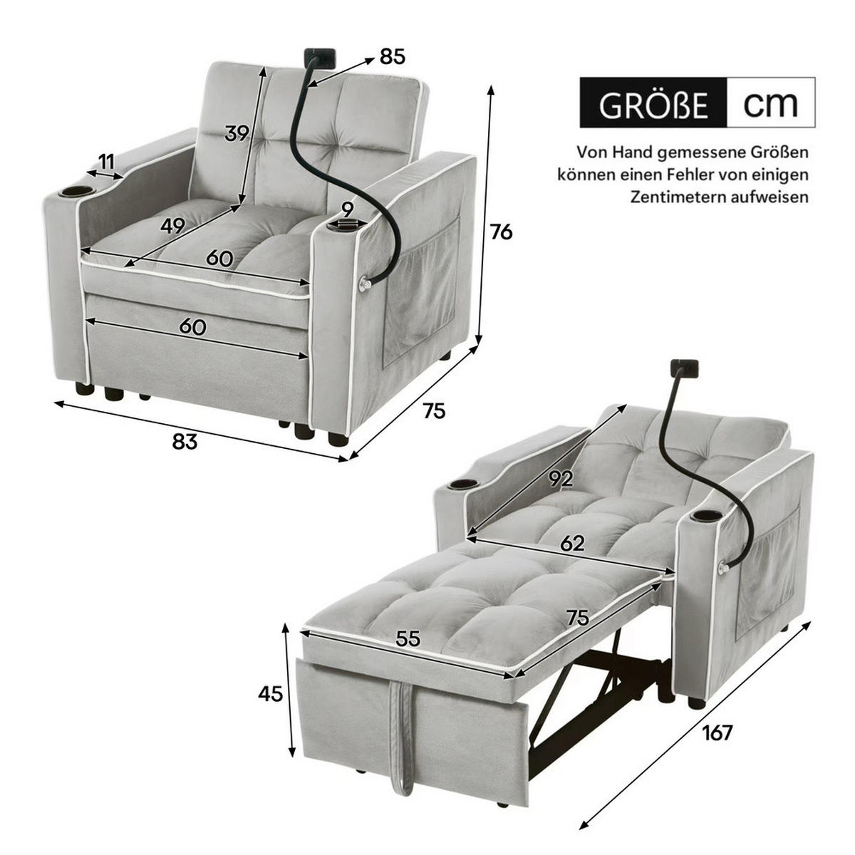 SOFA 3in1 Ausziehbar Schlaffunktion Getränkehalter Handyhalter Kleinraum - Weiß, Holz (75.57/23.5/52.71cm) - FLIEKS