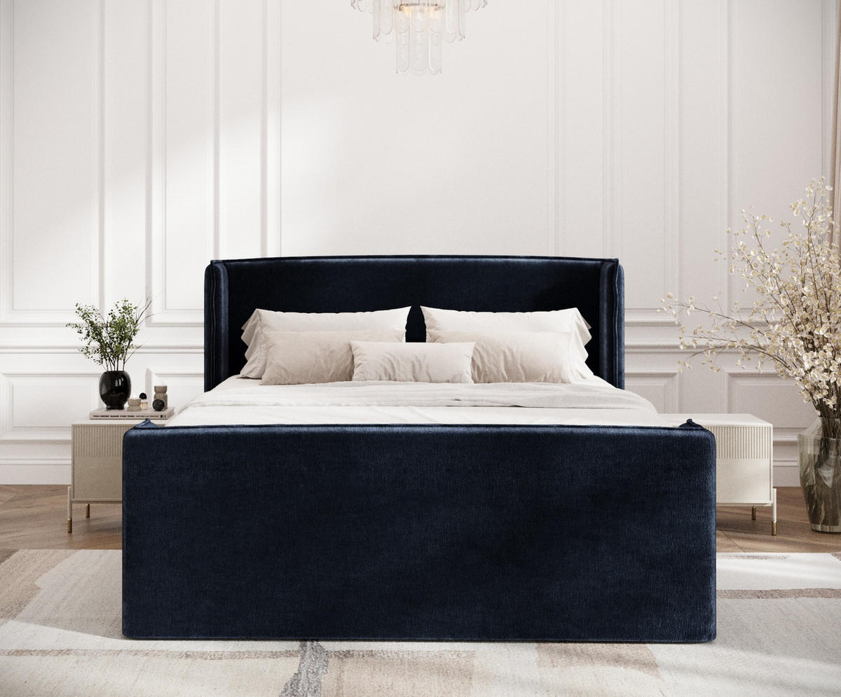 BOXSPRINGBETT Freeland Marineblau 140/200 cm mit Matratze und Topper - Schwarz/Dunkelblau, Holz/Holzwerkstoff (140/200cm) - Maison de Reve