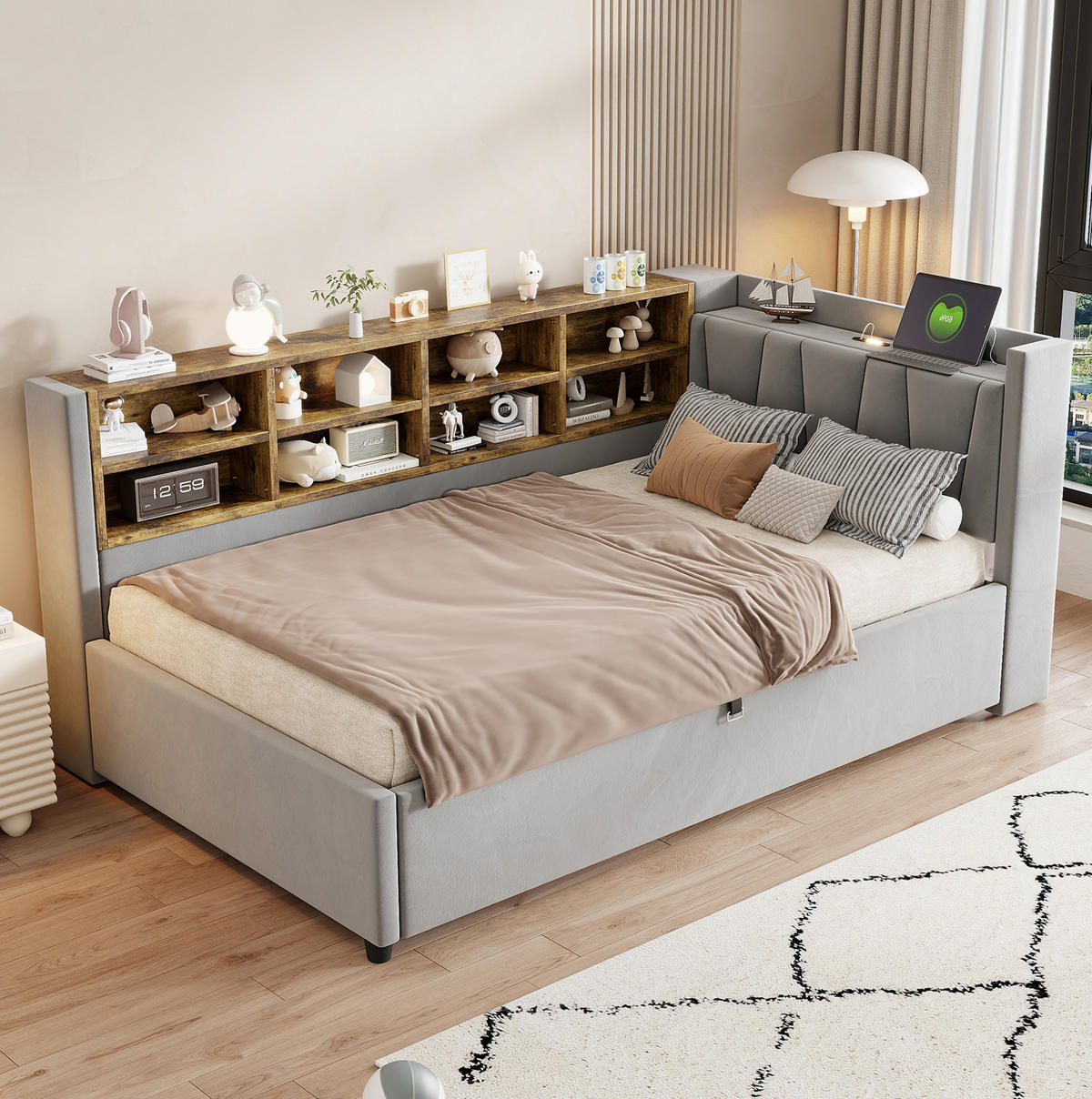 SAMT-POLSTERBETT 90/200 cm mit Bettkasten & USB-Anschluss - Hellgrau, Textil (90/200cm) - BEAOK