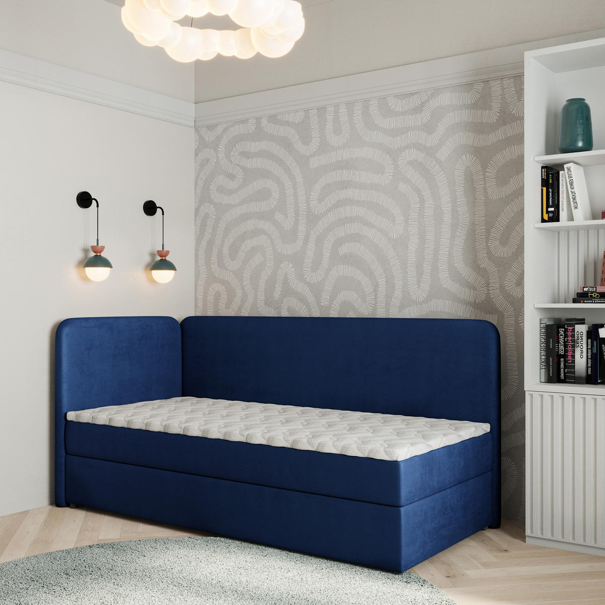 BOXBETT GINA 100x200 cm mit Matratze und Topper, H2+H3 - Blau - Blau, Holz (100/200cm) - MASSENO