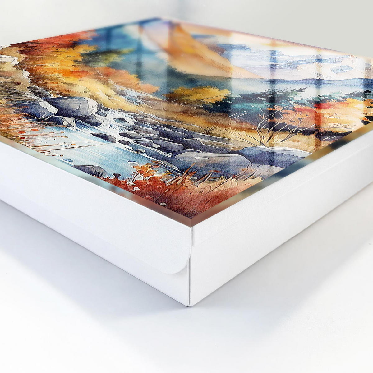 SCHLÜSSELBOX Weiß 30x30 cm – Türöffnung nach rechts - Herbstliche Berge - Orange, Metall (30/30/5cm) - TULUP